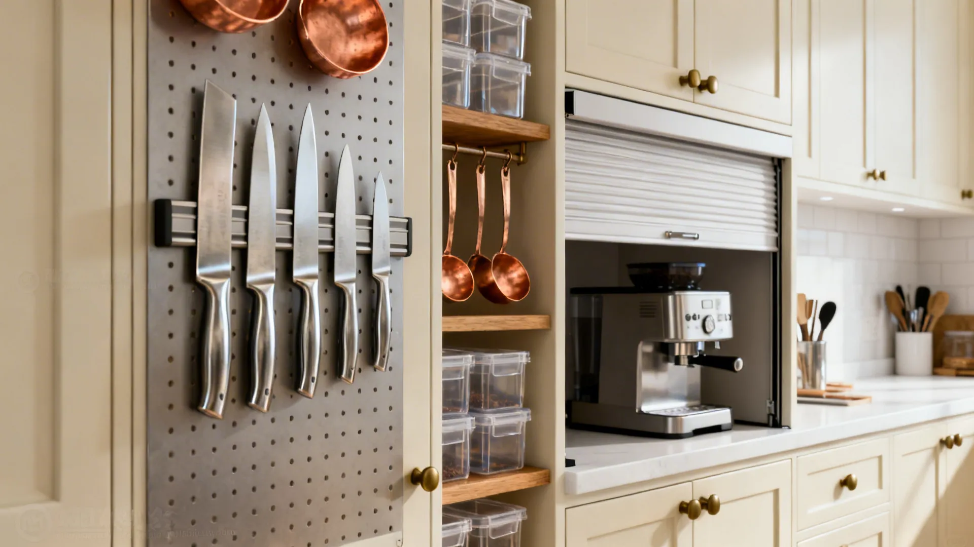 Vertical storage with magnetic rail, pegboard, stacked bins and an appliance garage keeping counters clear.
