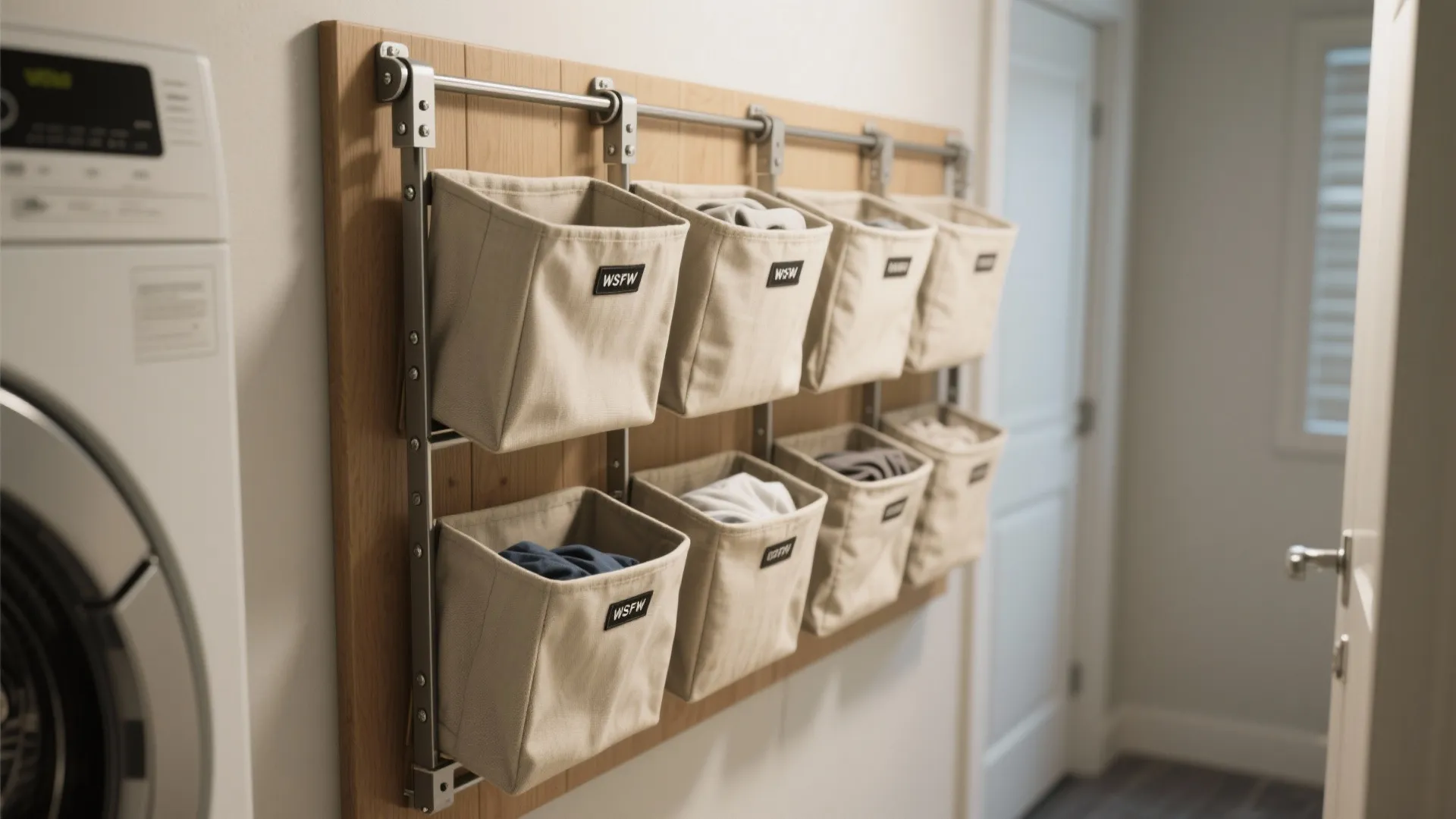 Wall mounted laundry organizer with fabric storage bins on wooden panel next to white washing machine