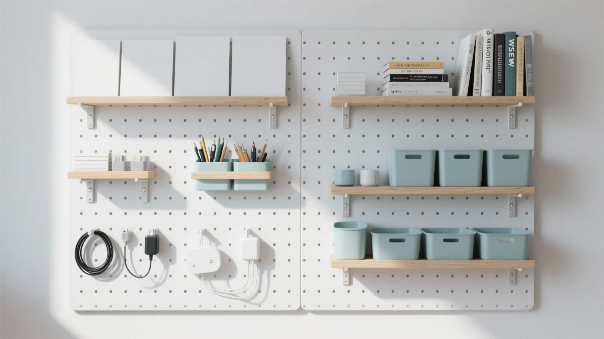 White pegboard wall organizer with wooden shelves, blue storage bins, books, pencils, and electronic cables