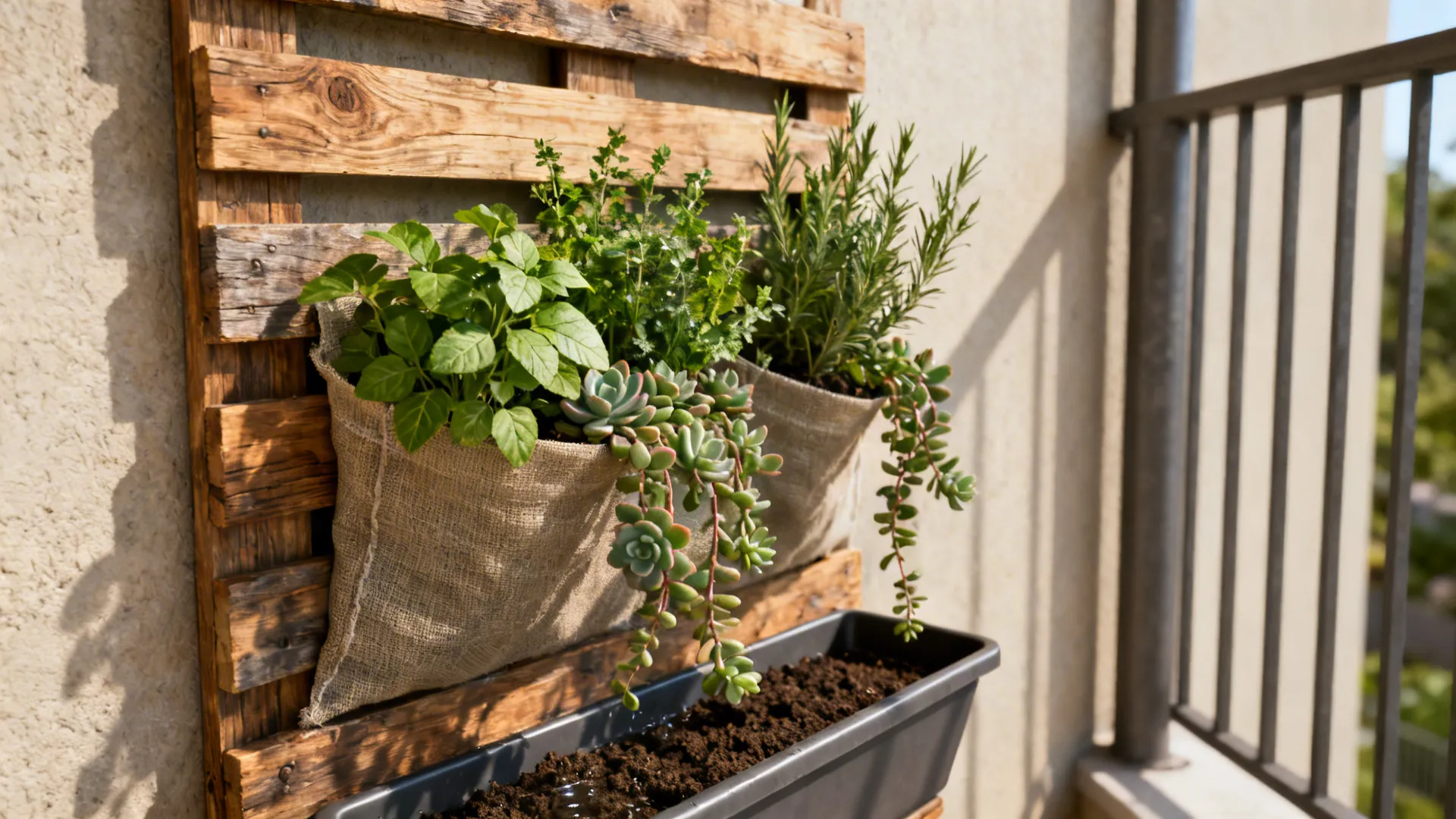 Close-up of a vertical pallet planter with herbs and succulents, showing fabric lining and drainage tray.