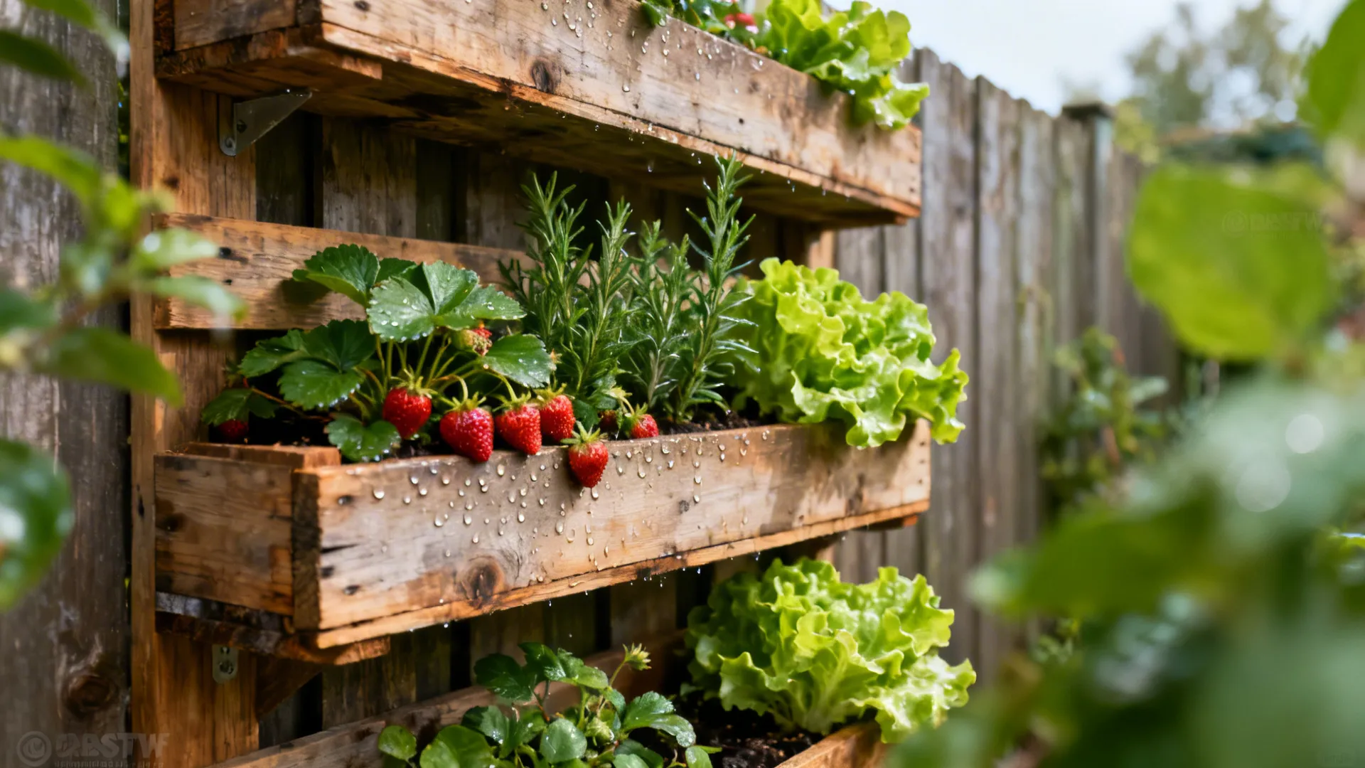 Vertical pallet planters on a fence with strawberries and herbs, close-up of foliage