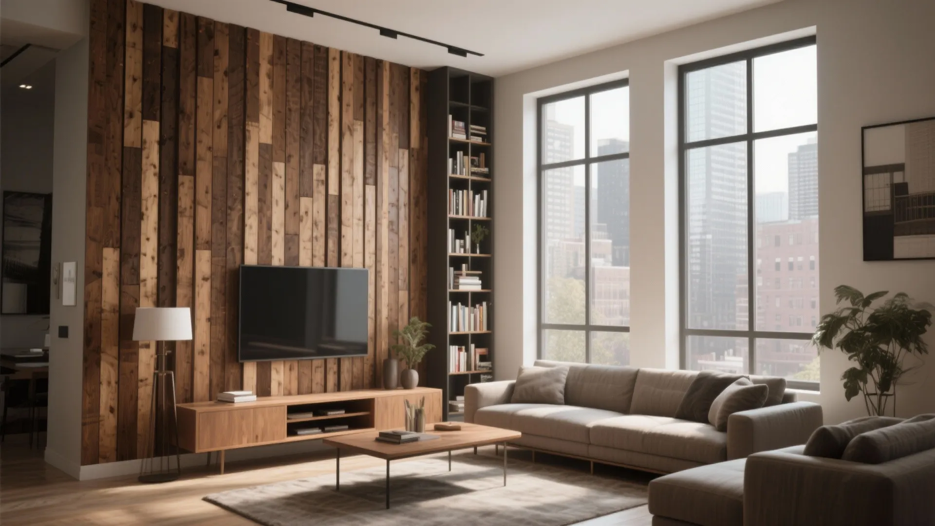 Living room with vertical wood wall paneling plus a large sofa and floor to windows