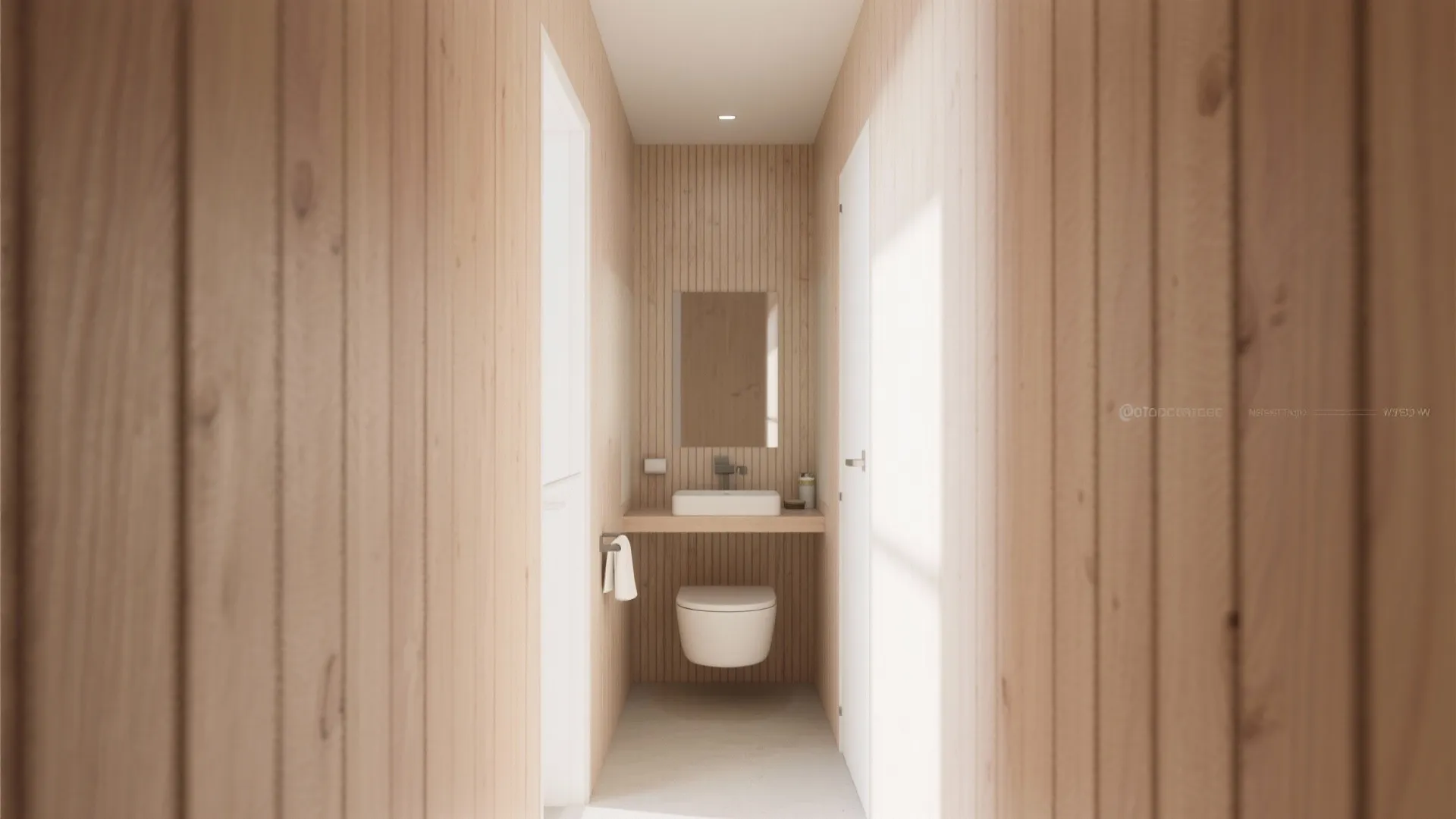 Minimalist bathroom design with vertical light wood wall panels white sink toilet and natural lighting