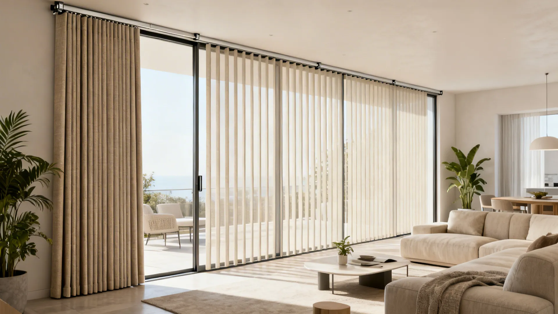 Open-plan living room with vertical panel track covering wide sliding glass doors in matching fabric panels