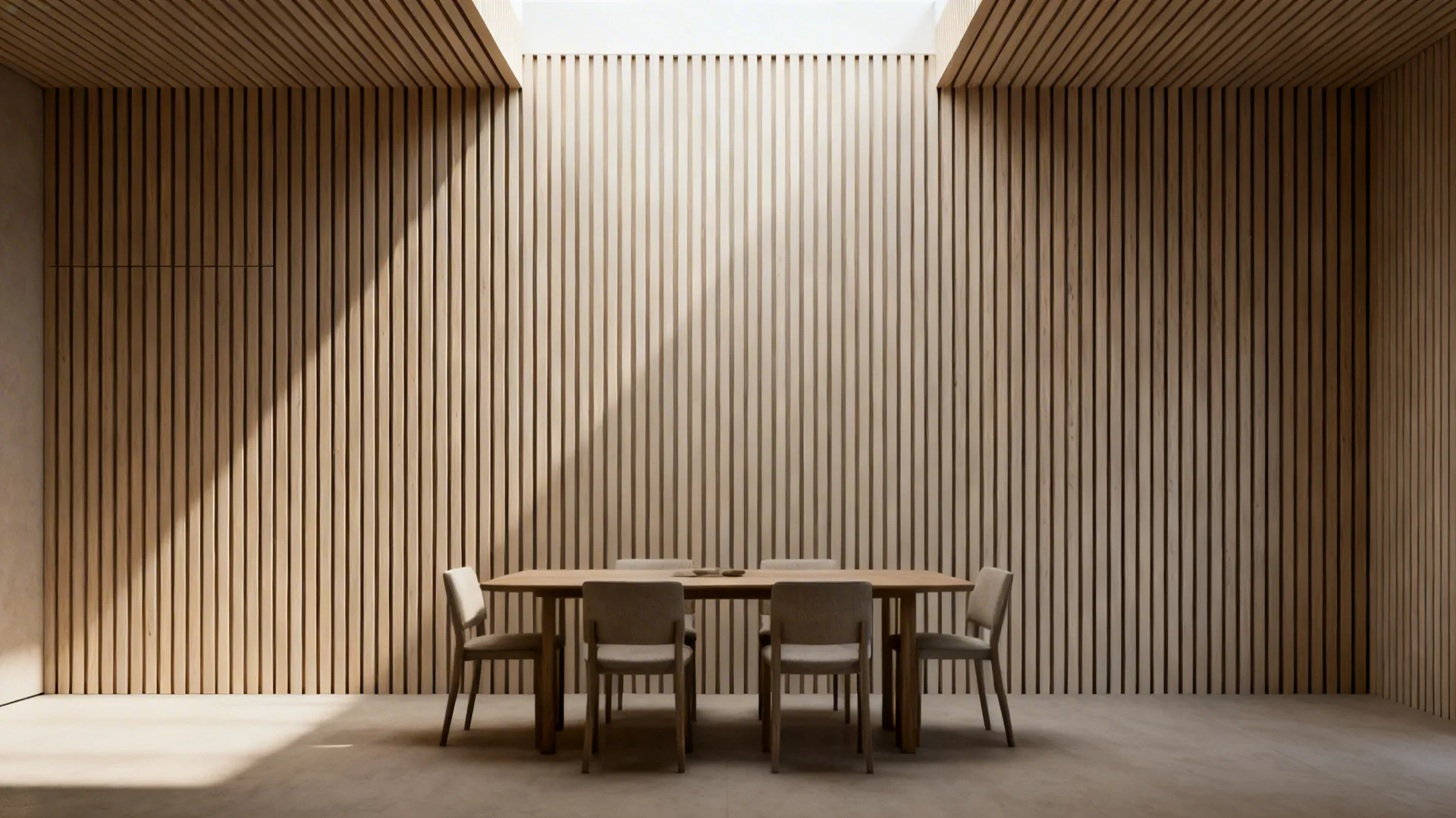 Vertical slatted wood paneling behind a small dining set creating the illusion of height.