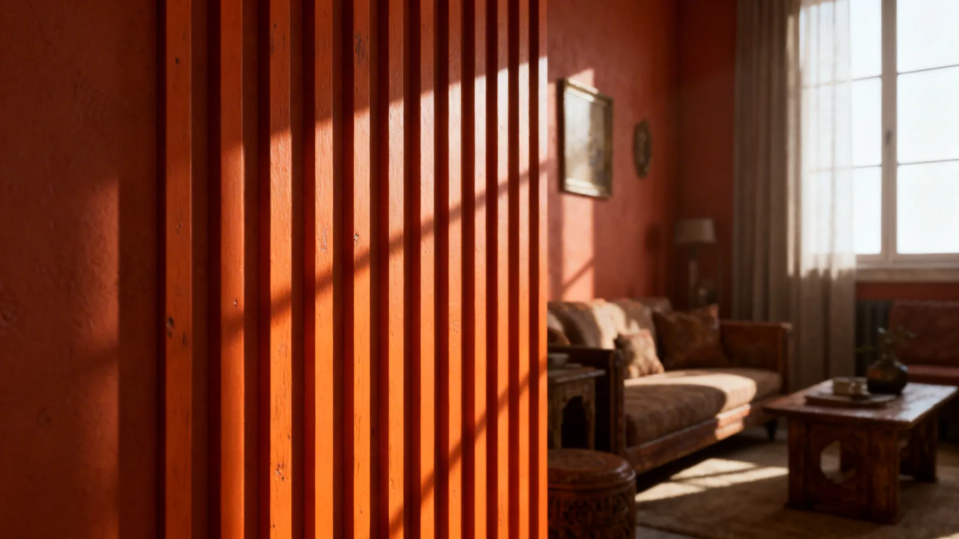 Orange vertical paneling casting shadows to visually lift the ceiling in a compact living room.