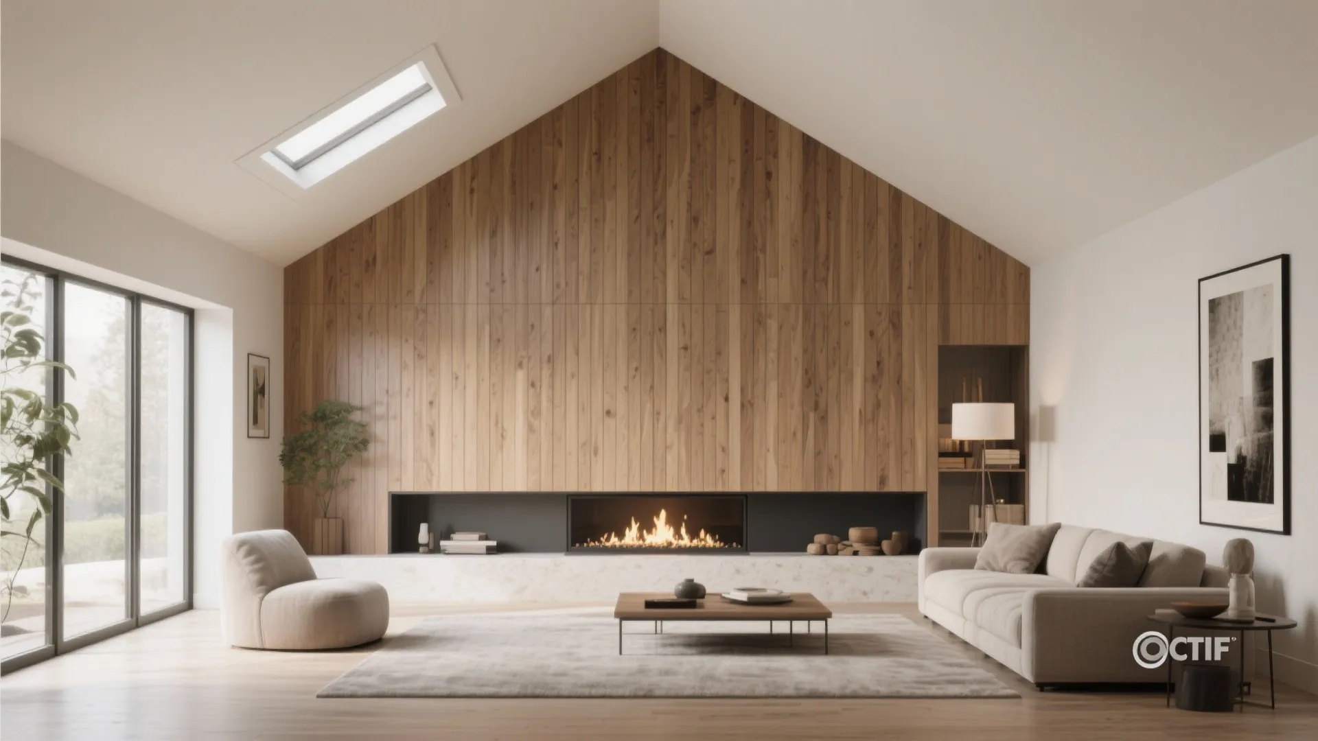 Modern living room featuring vertical wood wall panel fireplace roof window sofa and minimalist decor