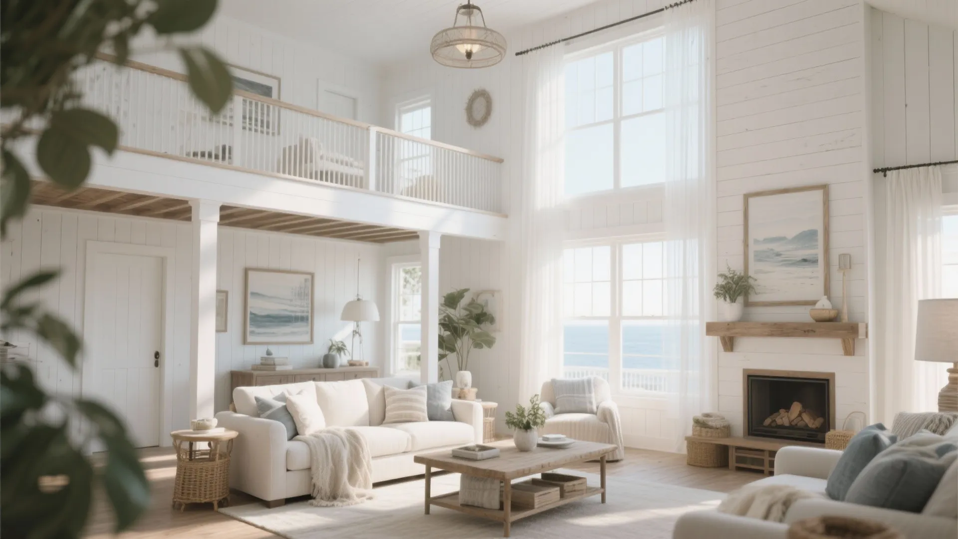 Bright white living room with wood wall panel fireplace and second floor balcony with railing