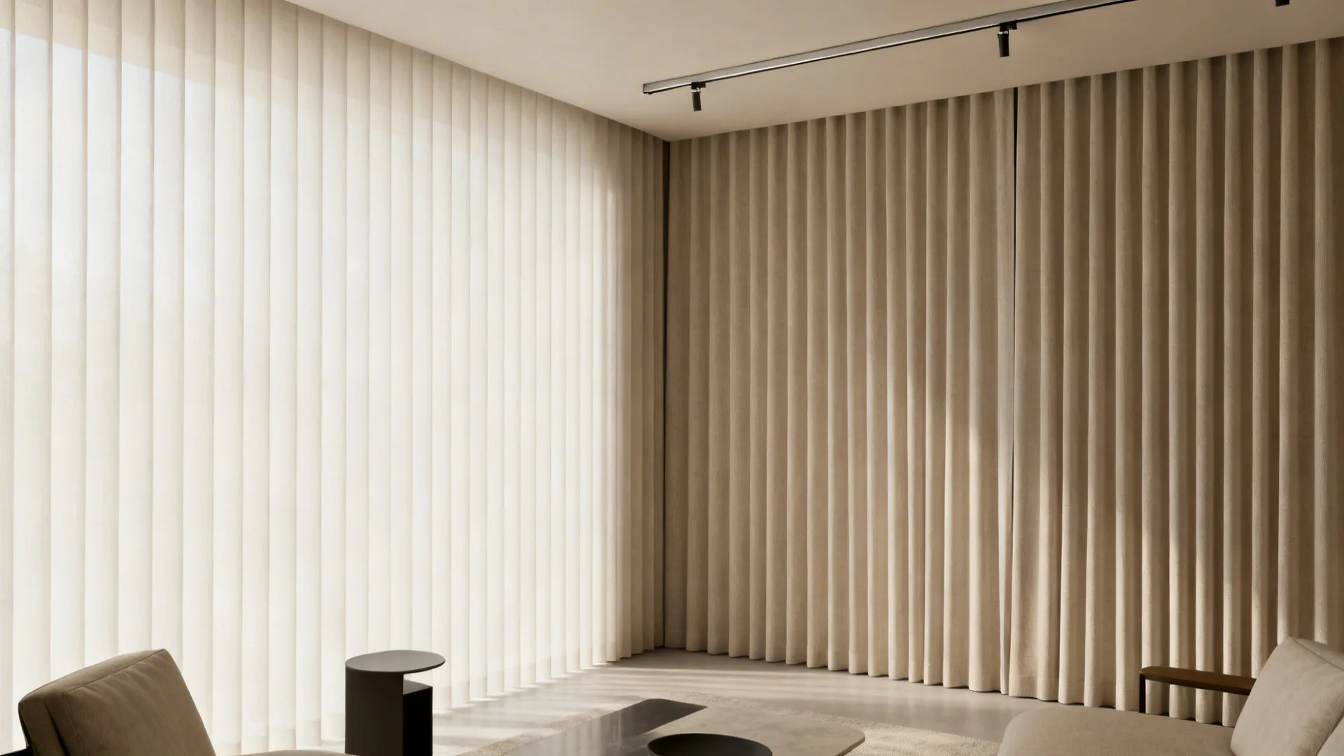 Modern living room featuring long beige vertical curtains covering large windows with soft natural light