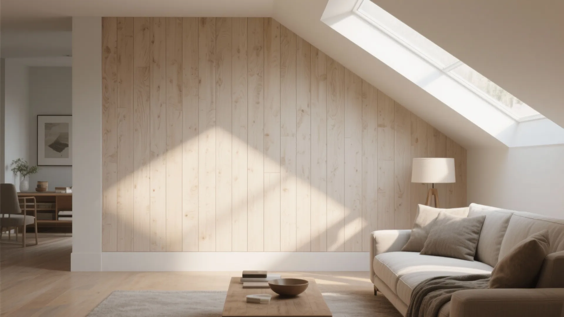 Living room interior with vertical wall panel light wood texture beige sofa and sloped roof window