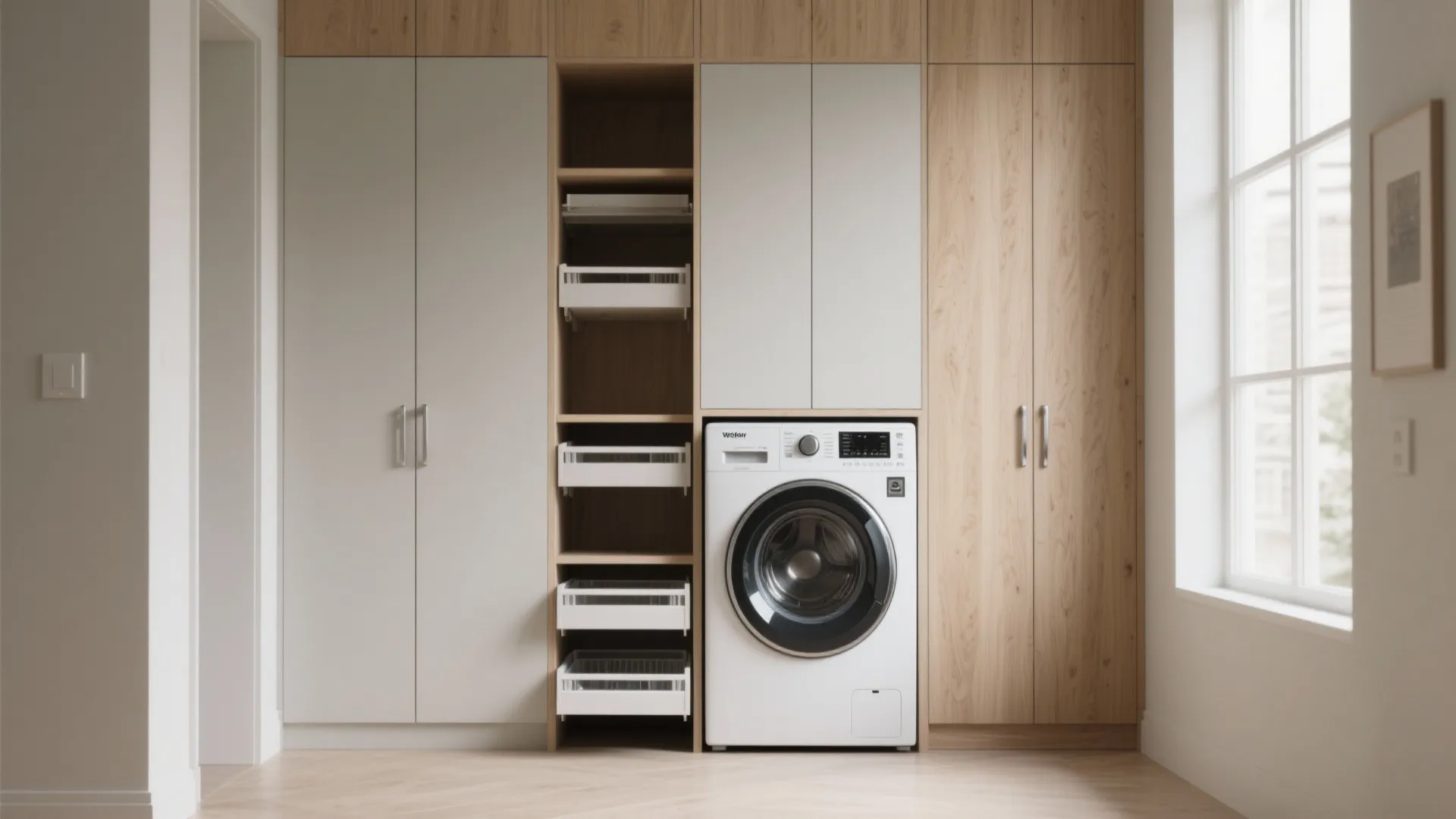 1. Vertical pantry-style storage beside the stack