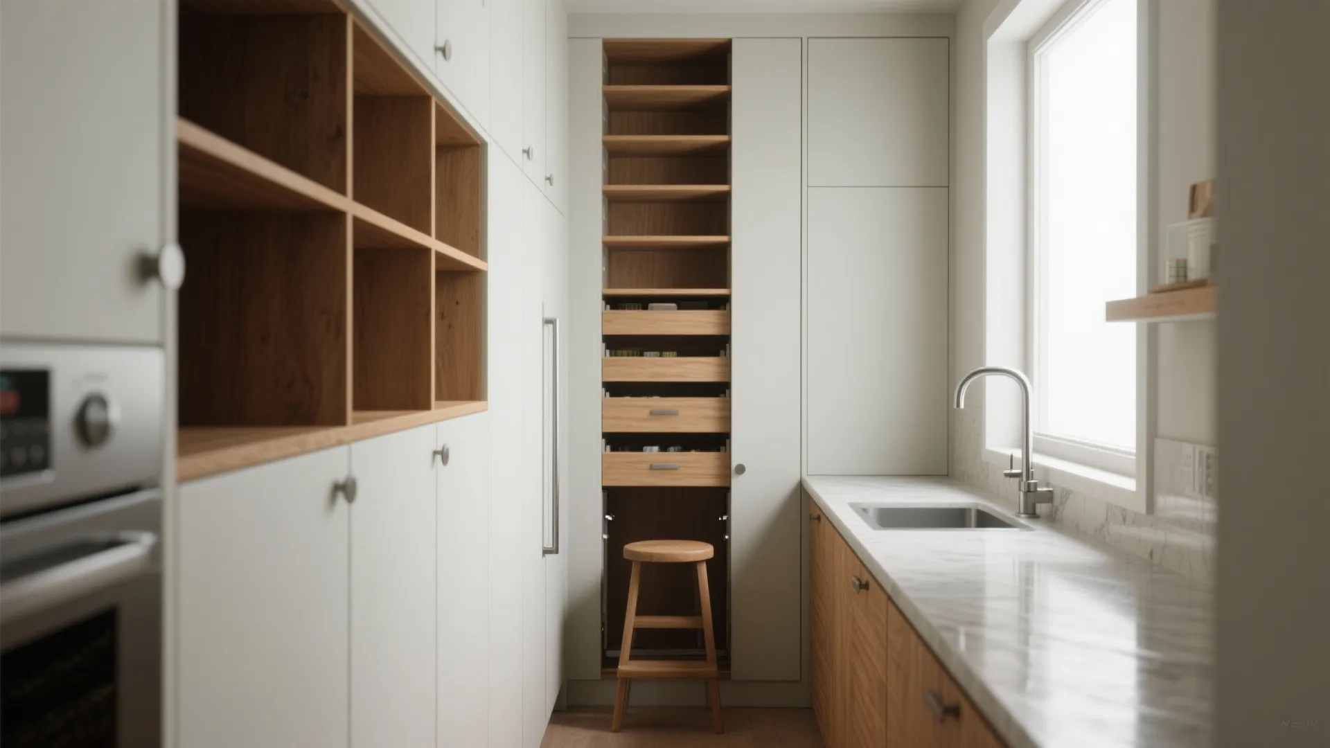 2. Go vertical: tall cabinets and pull-out pantry units