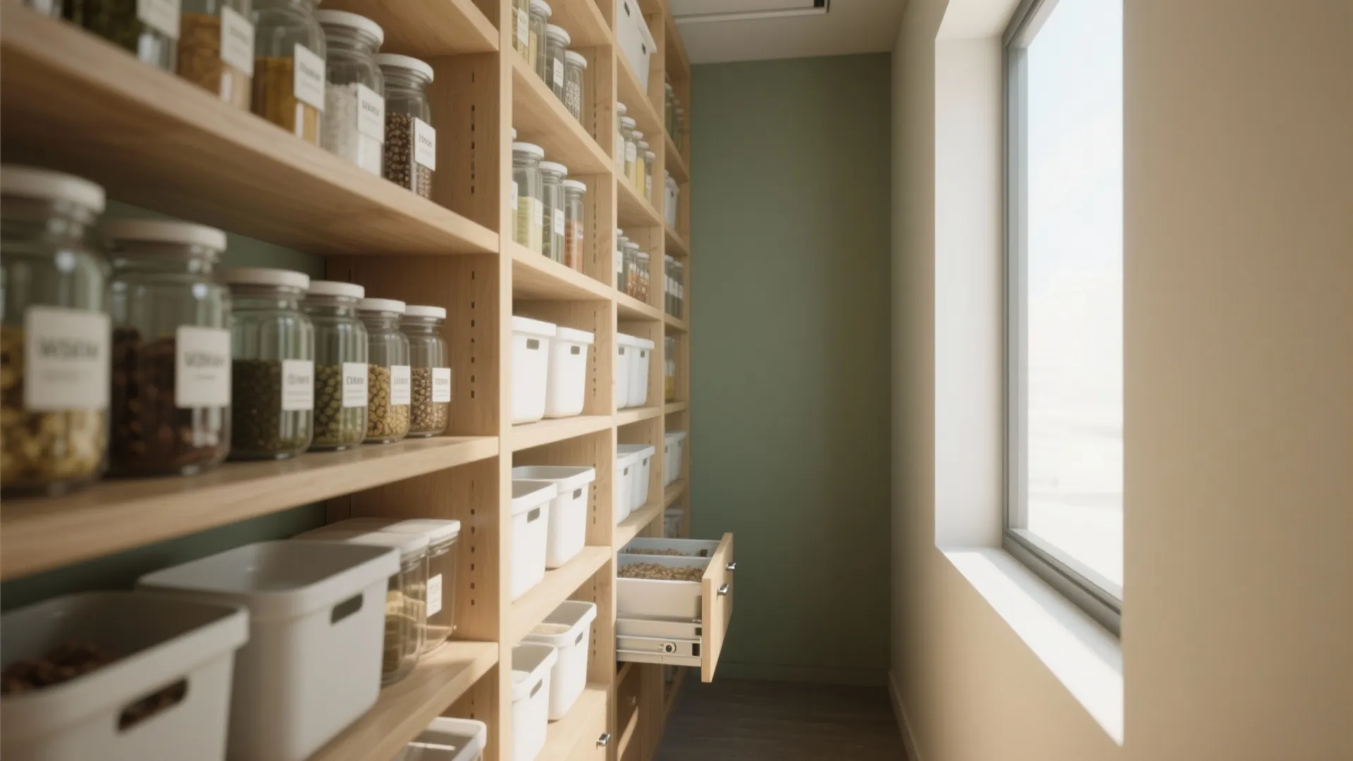 Tall wooden storage cabinet with glass jars and white bins next to a large window