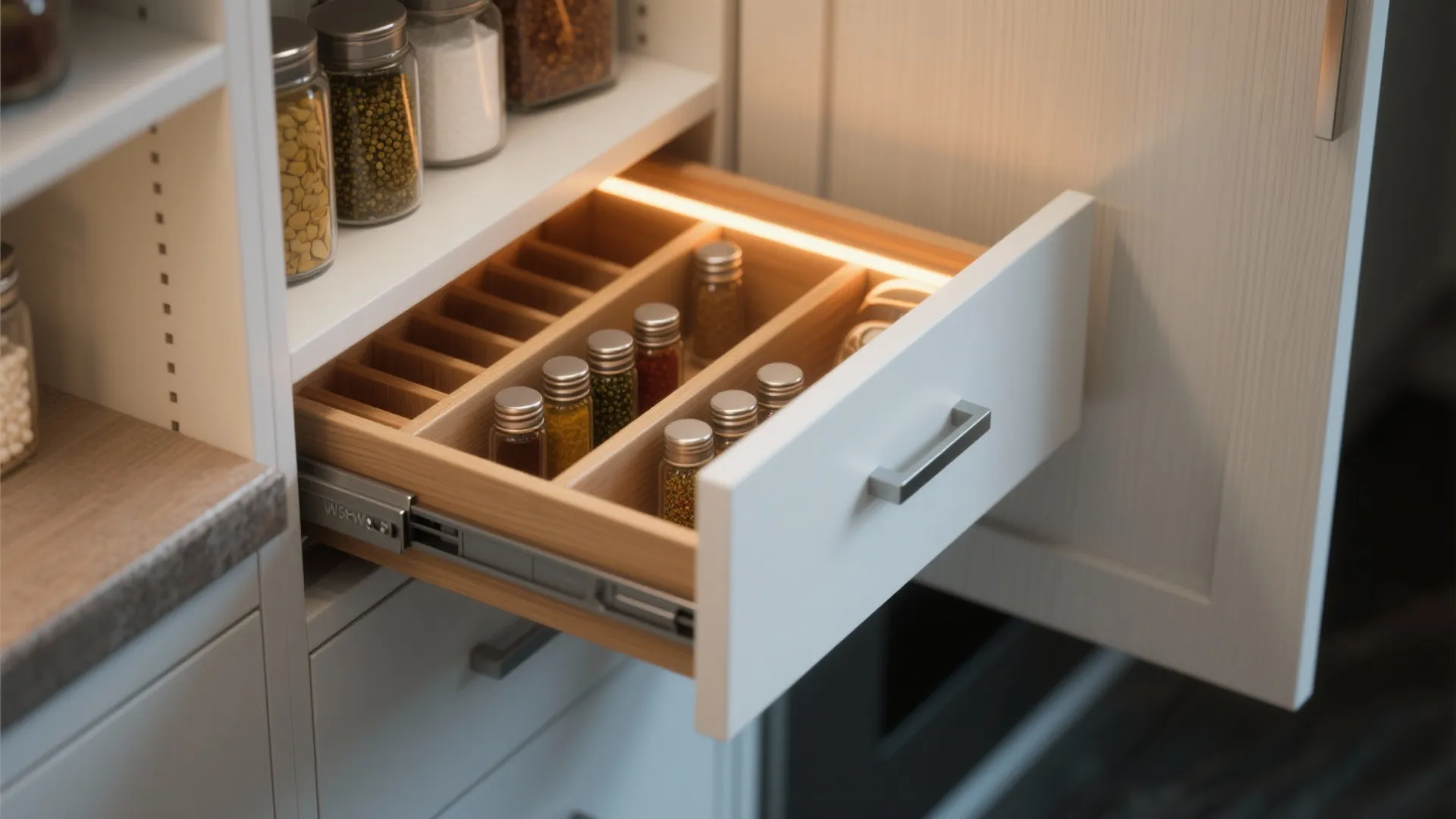 2. Vertical pantry towers and pull-out spice drawers