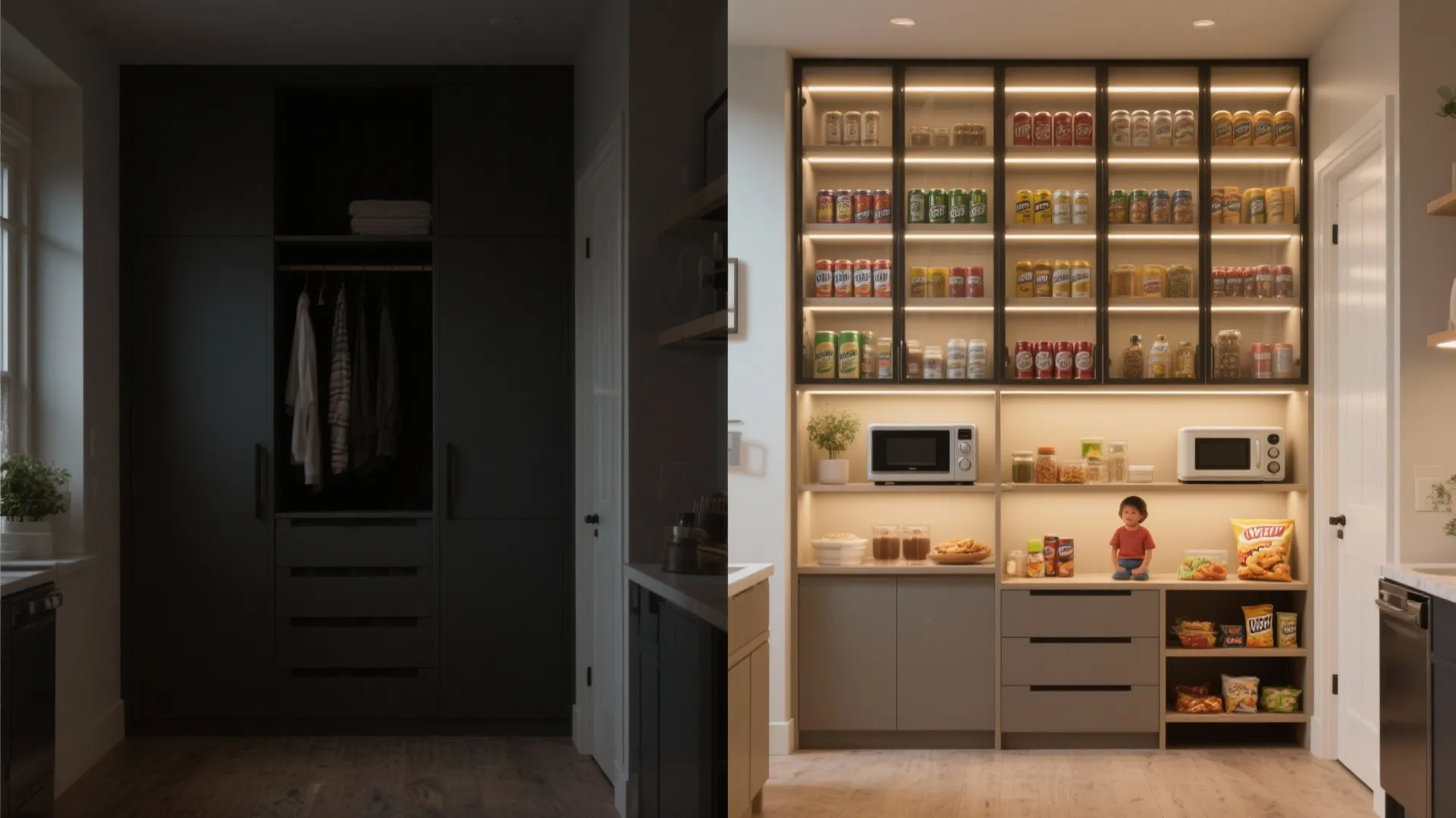 Before-and-after of a narrow closet converted into a floor-to-ceiling pantry with glass doors and under-shelf lighting.