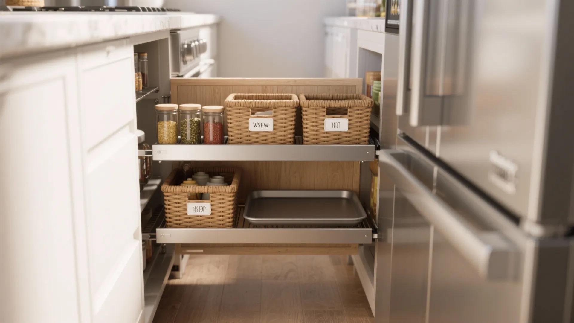 Pull-out wooden kitchen cabinet shelf holding woven storage baskets, small spice jars, and metal tray
