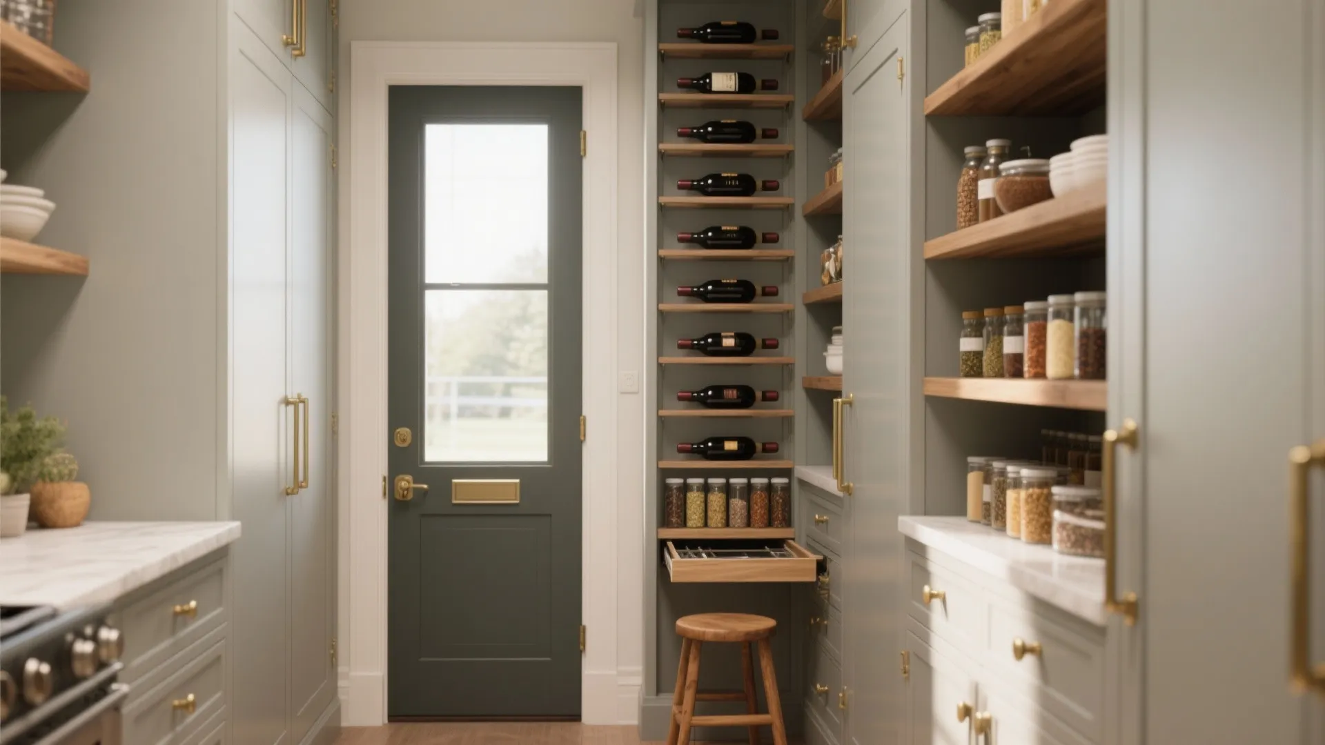 Narrow pantry with green cabinets wine rack wall shelves wooden stool and dark green door