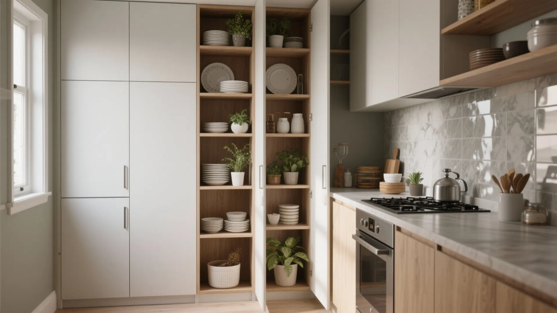 Modern kitchen with open white cabinets showing wooden shelves filled with plates and green plants