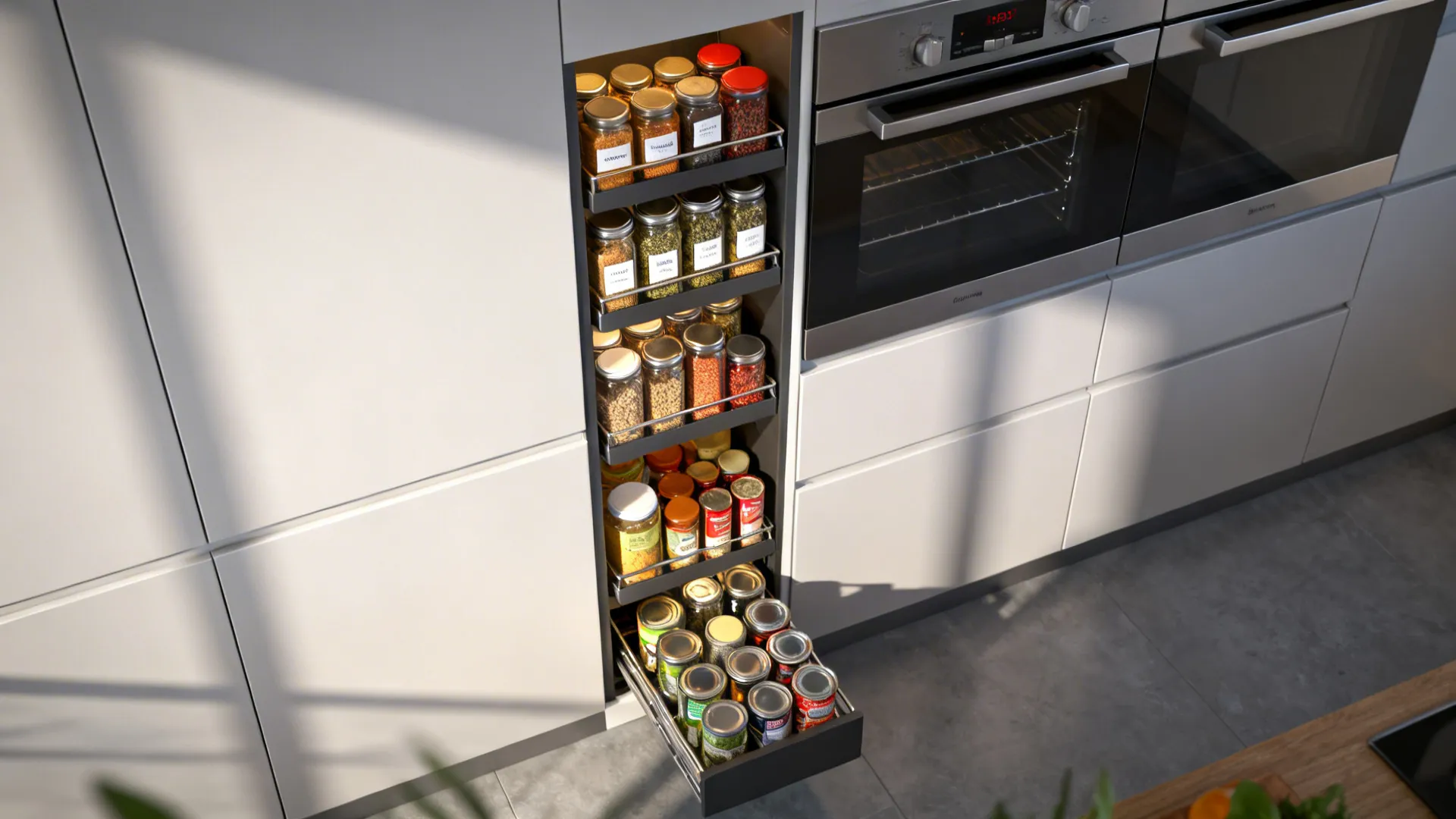 Slim vertical pull-out pantry filled with organized jars beside appliances
