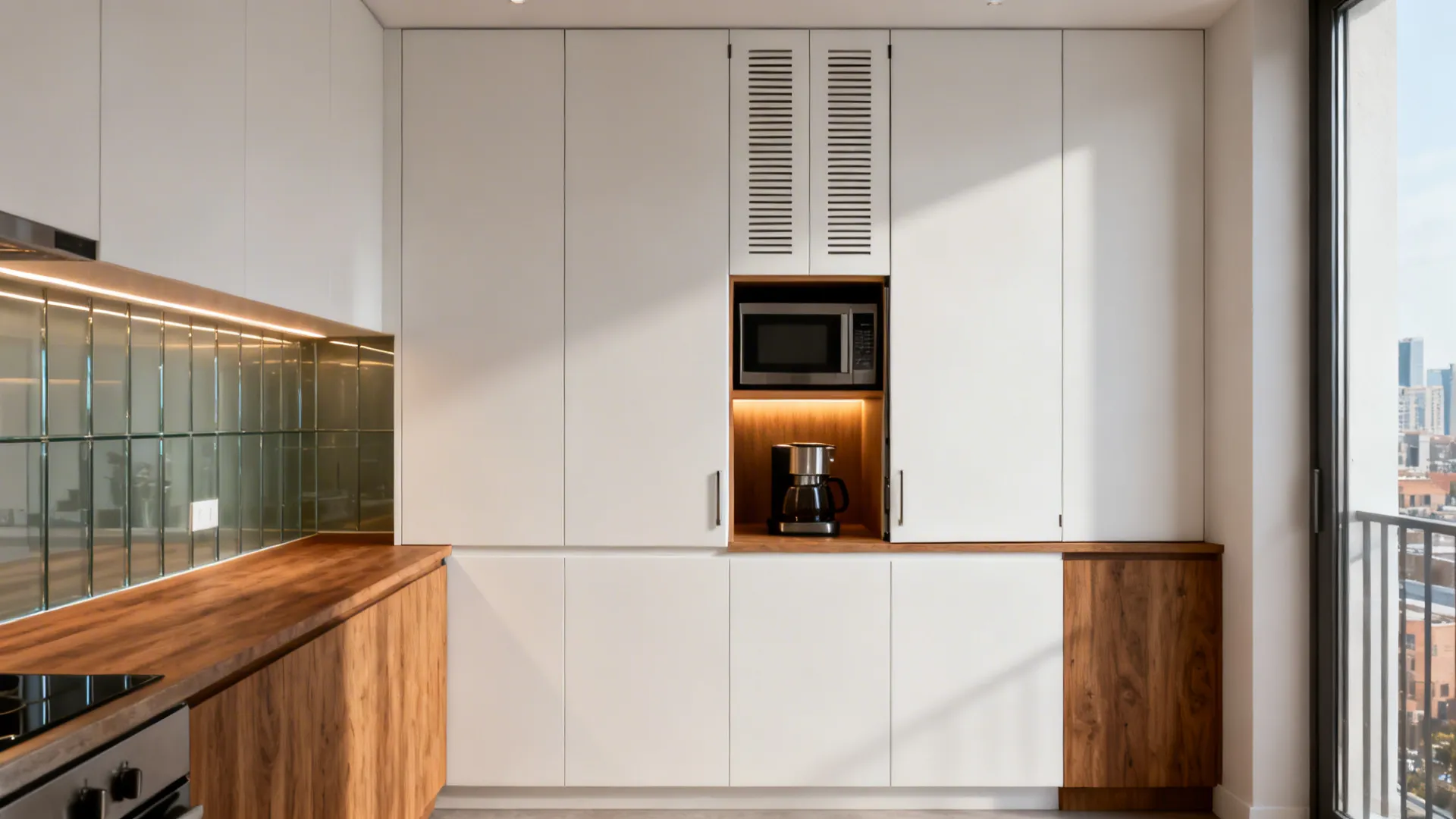 Modern white kitchen cabinets with wood niche featuring microwave coffee maker and warm wood countertop