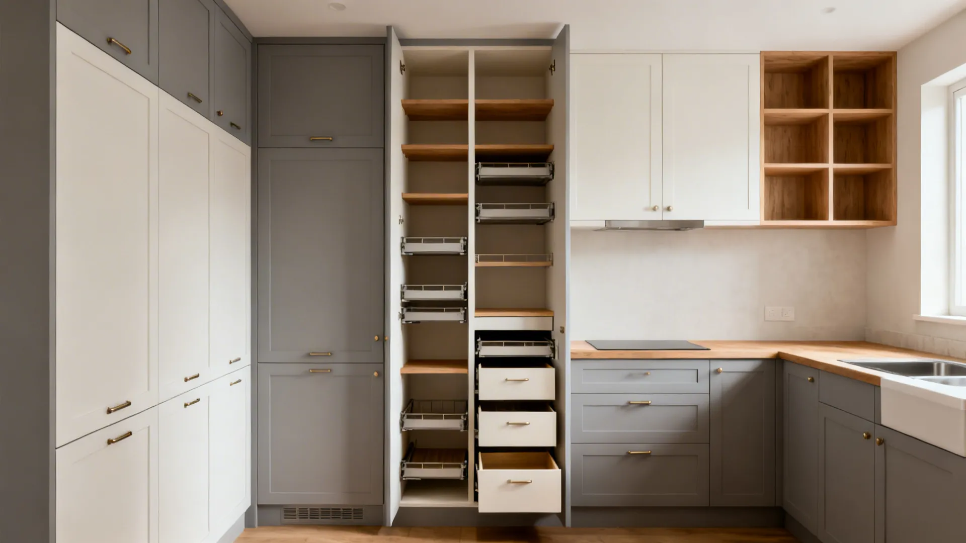 Compact kitchen with a full-height pantry pull-out and slim overhead cabinets with open niches.
