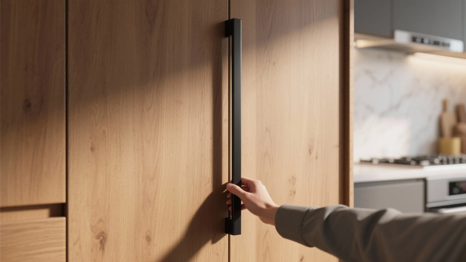 Close up view of a hand opening a tall wooden cabinet using a long black handle