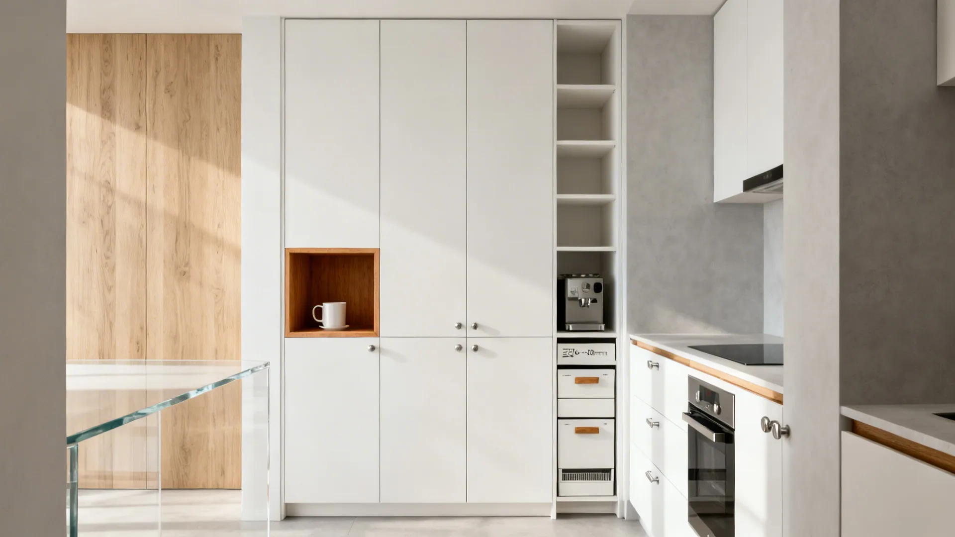 Slim floor-to-ceiling pantry tower with a warm wood niche in a narrow galley kitchen.