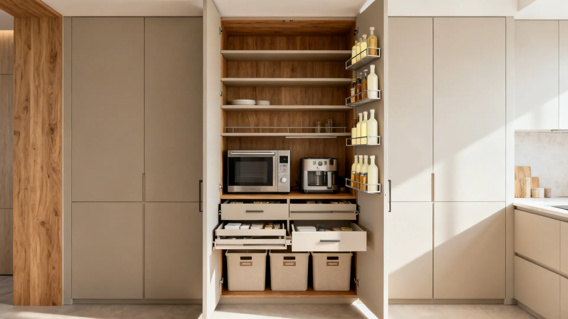 Full-height pantry with slide-outs and inside-the-door racks organized by size.