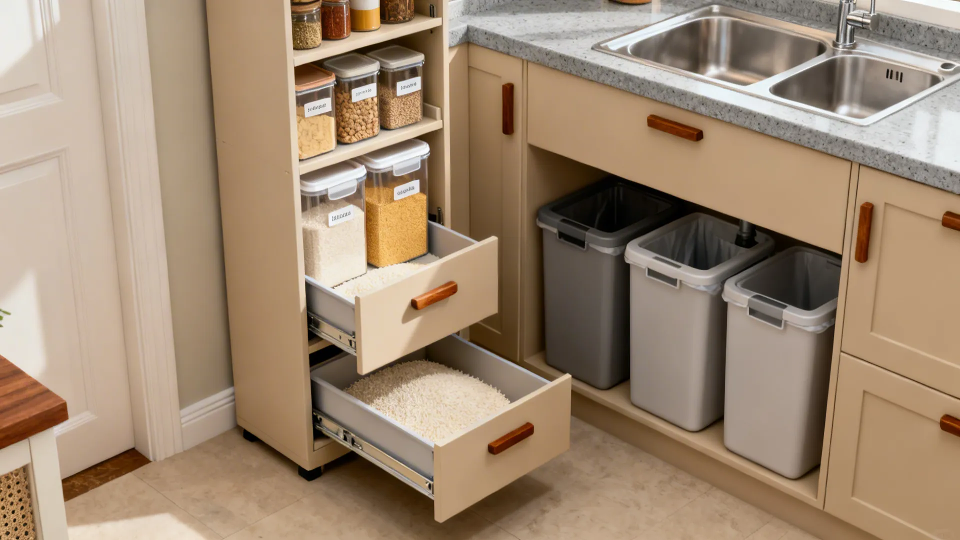 Vertical pantry towers and under-sink sorting