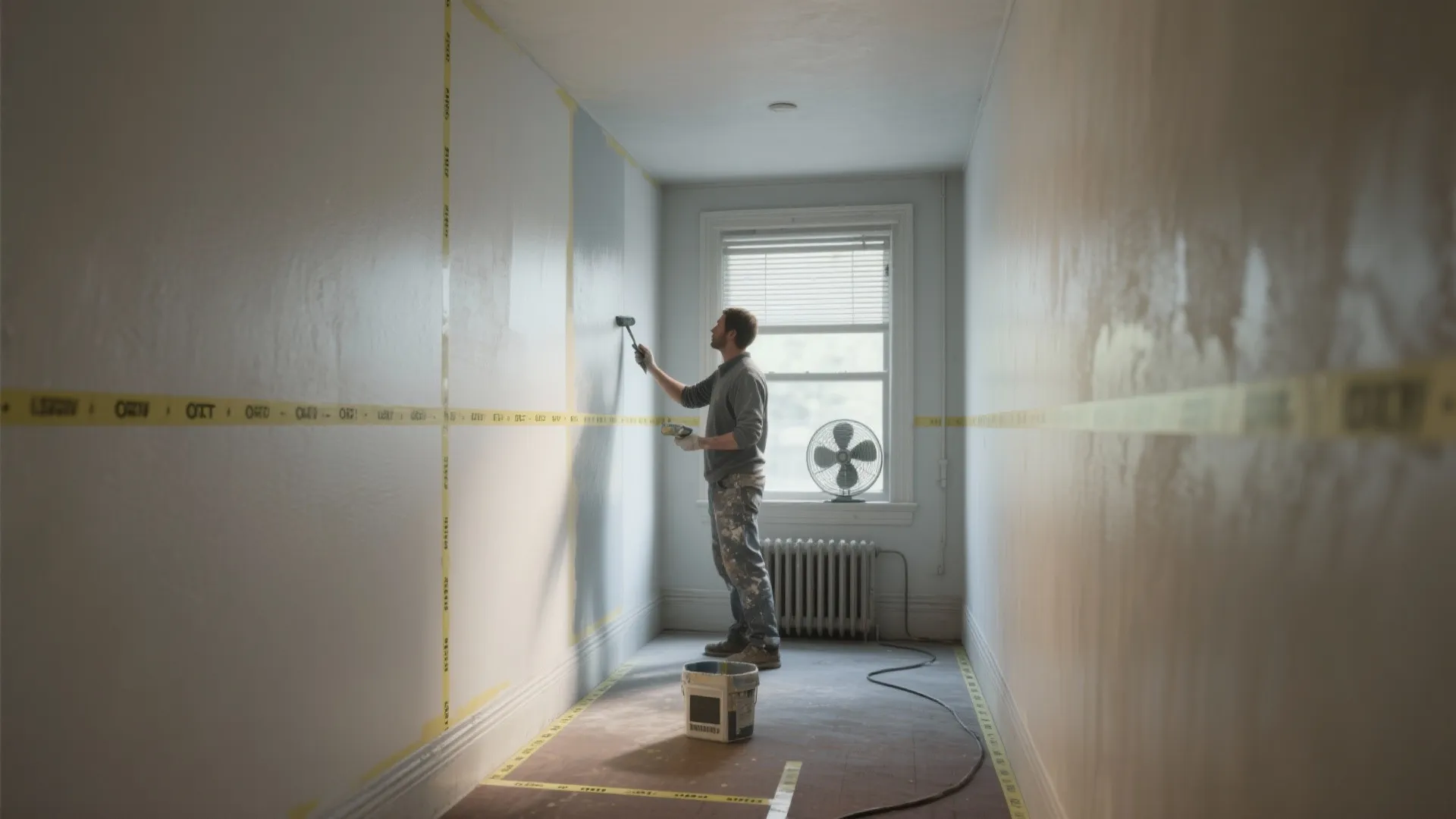 Painter spraying vertical 3–4 foot passes in a narrow room with marked standing positions and controlled airflow.