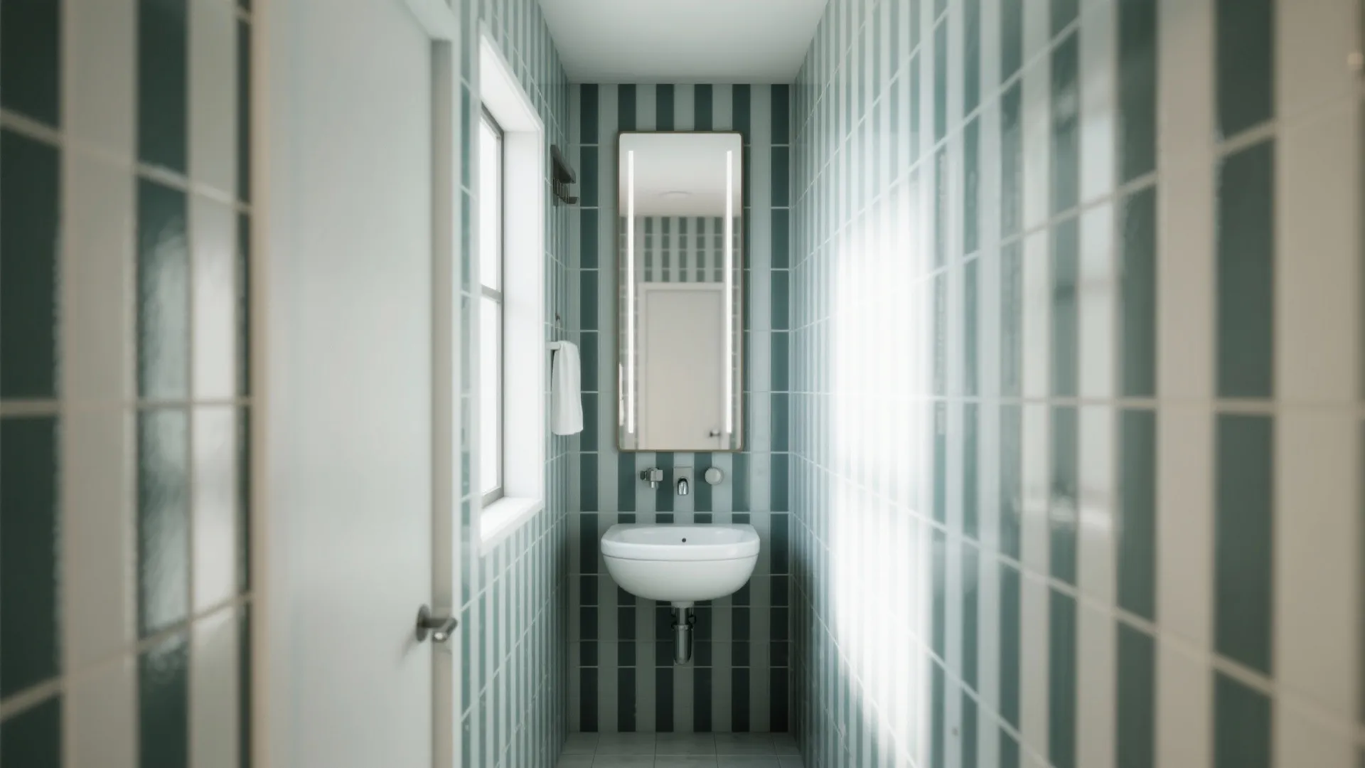 Narrow bathroom with vertical green and white wall tiles a small sink and tall mirror