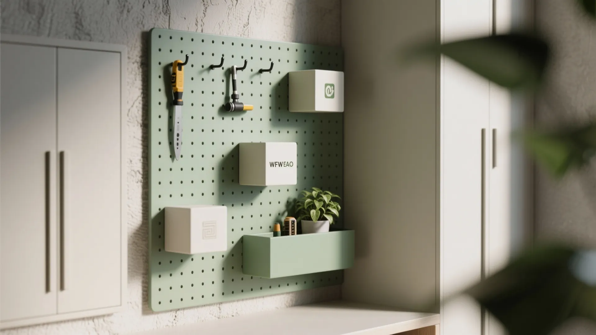3. Corner desk with vertical storage and pegboard