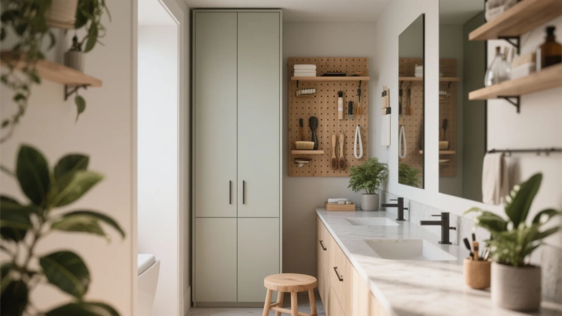 Narrow vanity with tall vertical storage, open shelving above, and a pegboard for brushes to keep counters clear.