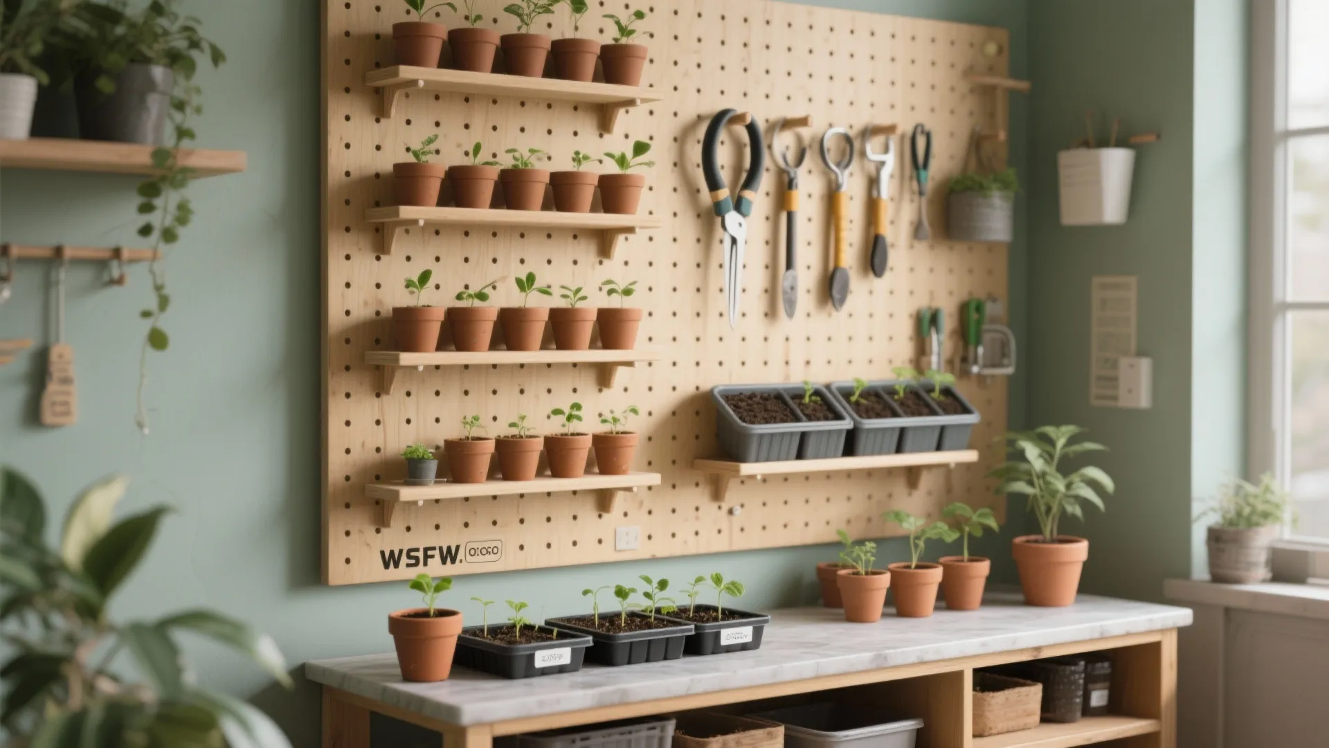 3. Vertical potting station with pegboard and shelves