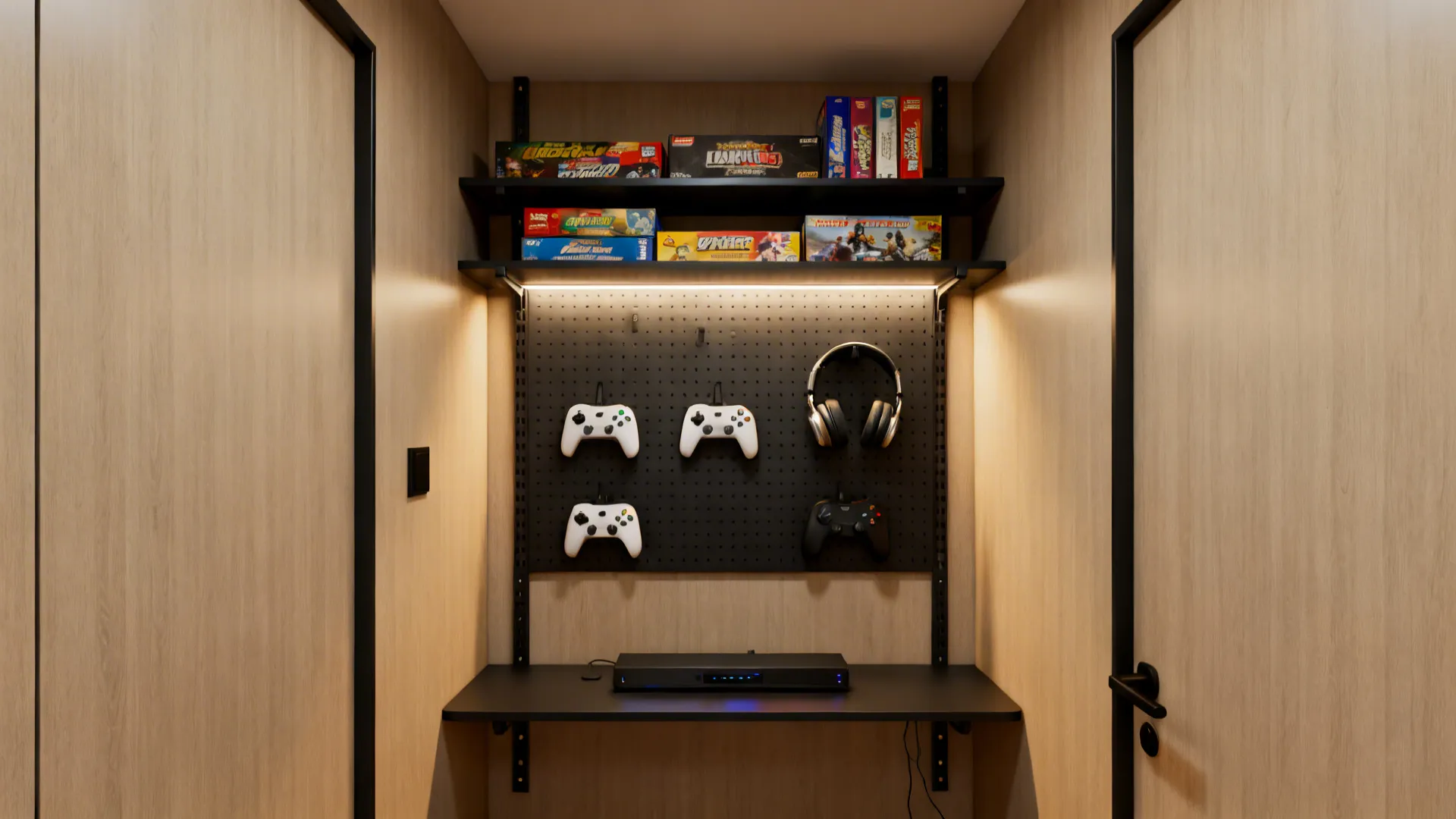 Small gaming nook featuring black pegboard with controllers and headphones under wooden shelves with games