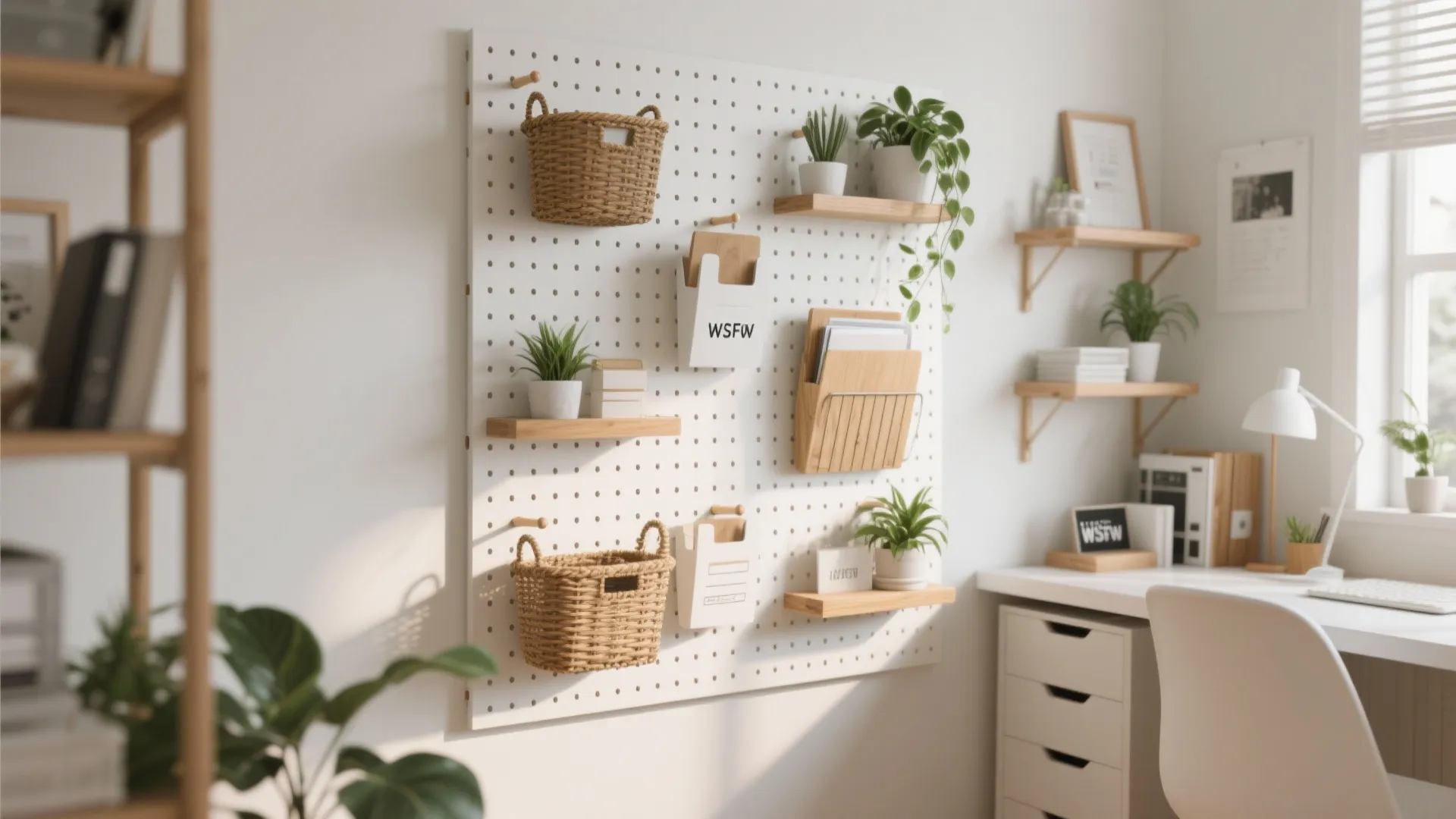 White pegboard with wooden shelves and baskets organizing office supplies in a bright home office