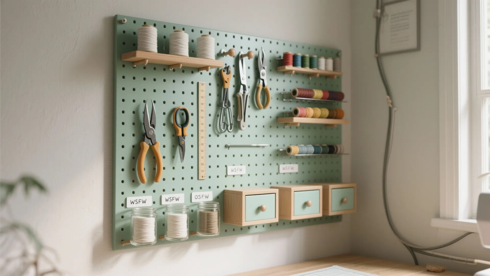 Vertical pegboard + magnetic rails for notions
