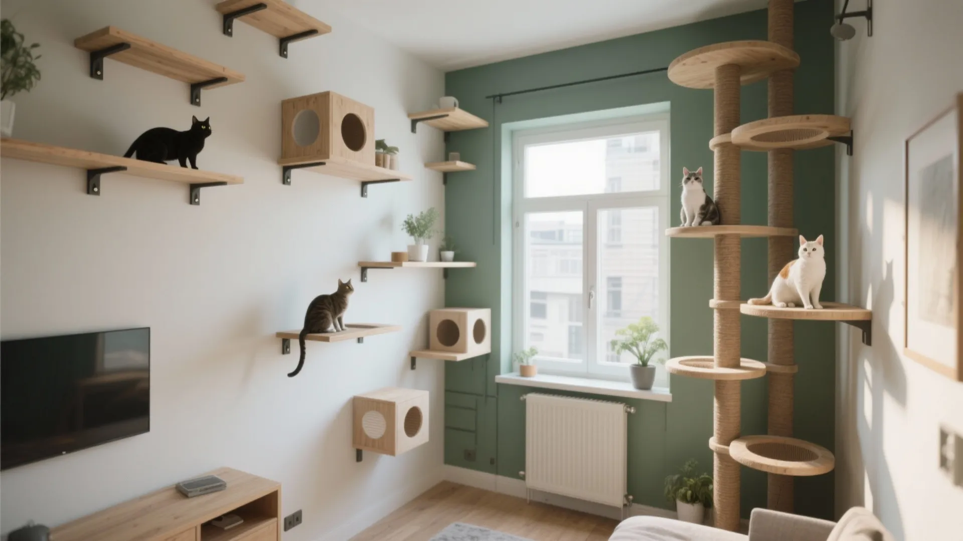 Vertical shelving and anchored perches in a small apartment creating layered cat territory.