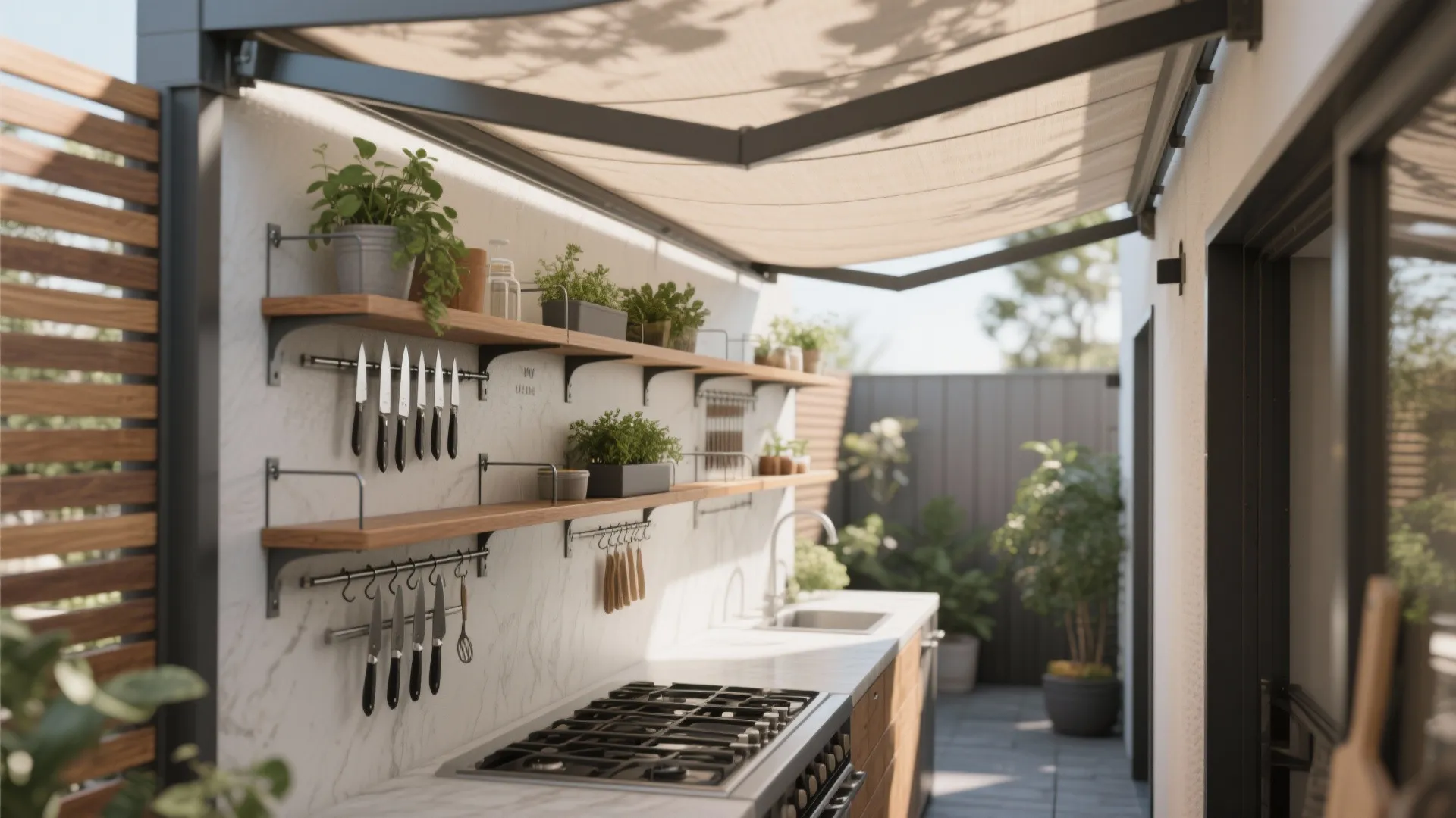 3. Vertical storage and pergola for weather-smart design