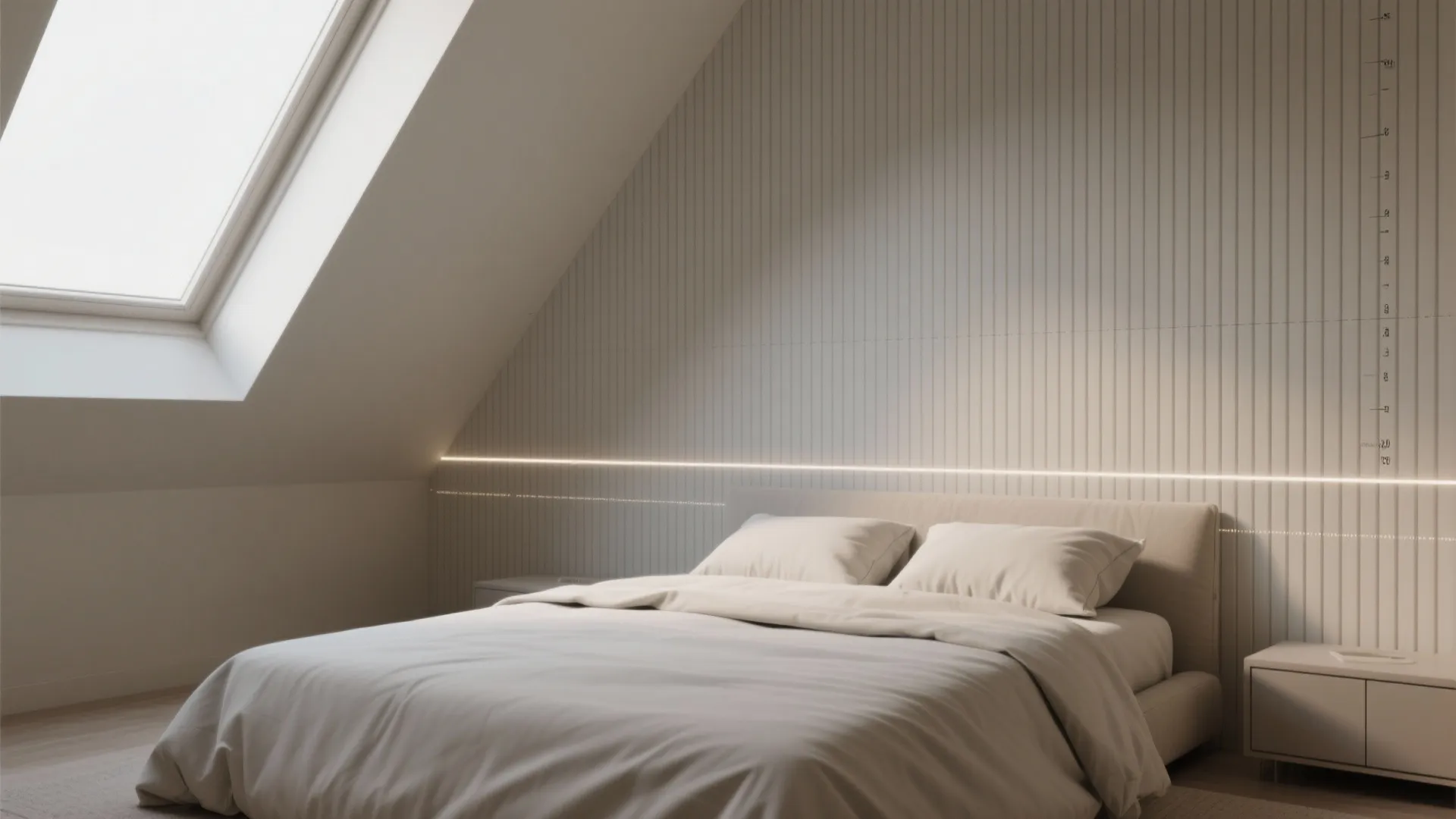 Minimalist attic bedroom with roof window white striped wall panel bed and integrated light fixture strip