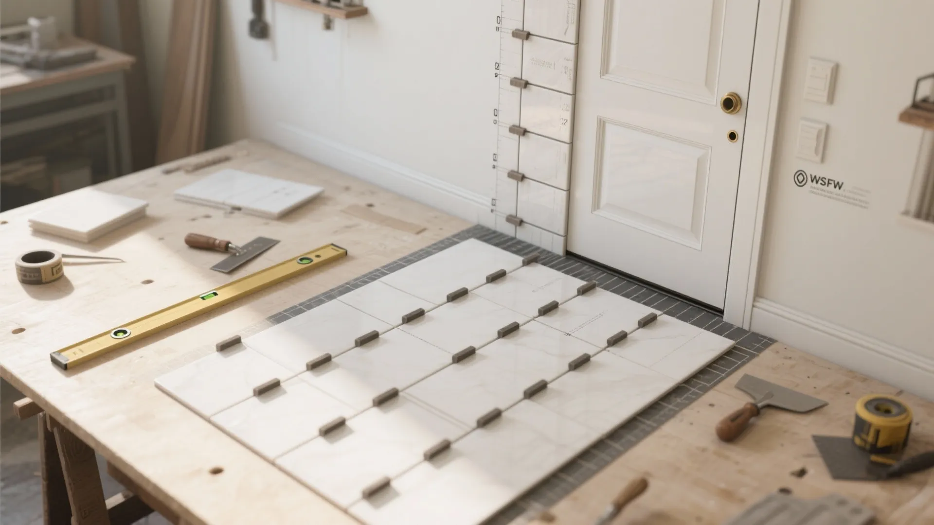 Interior design workspace with white tiles yellow leveling tool measuring tape and white door background