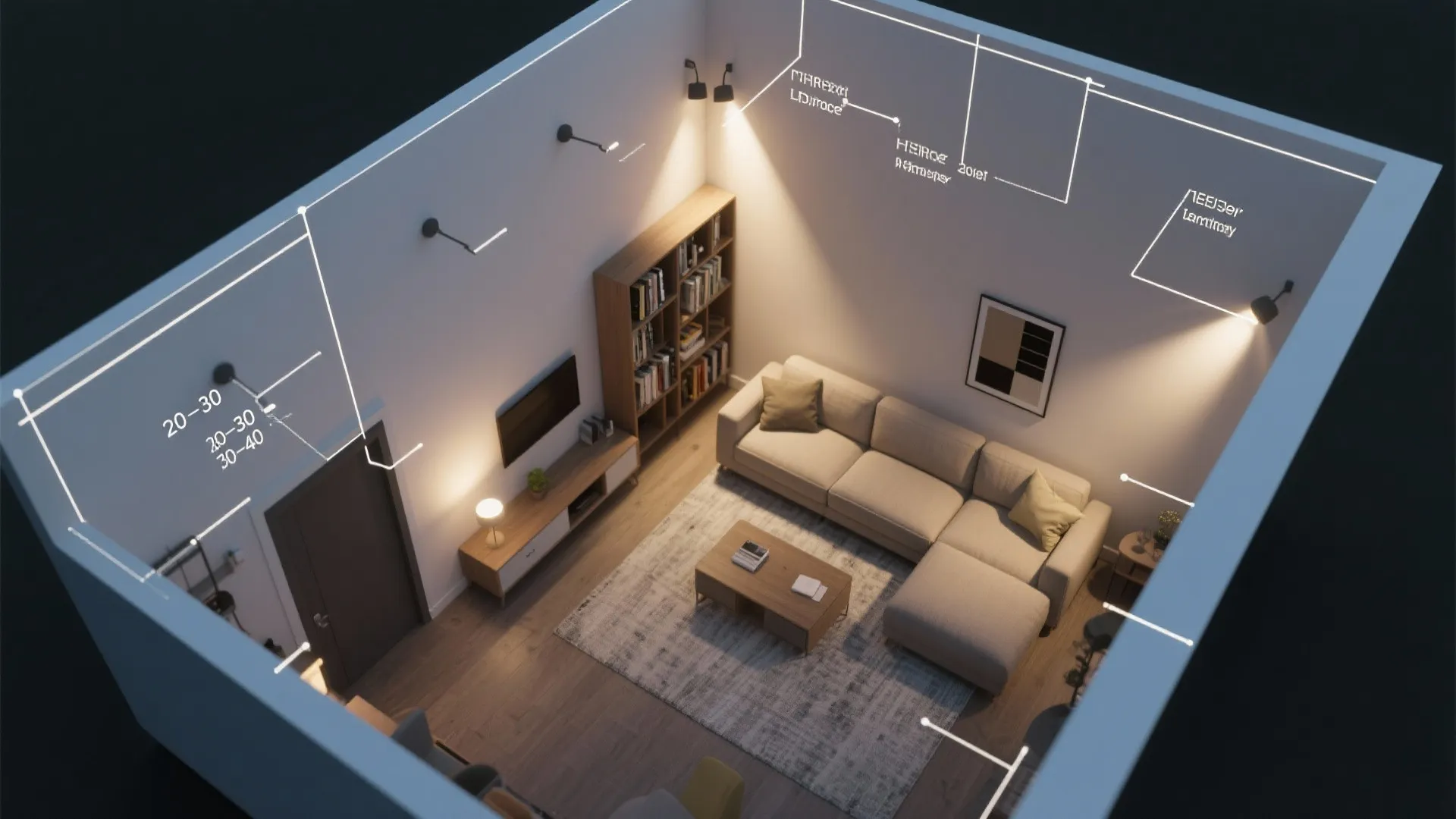 Interior design drawing of a living room layout with white measurement lines and wall light fixtures