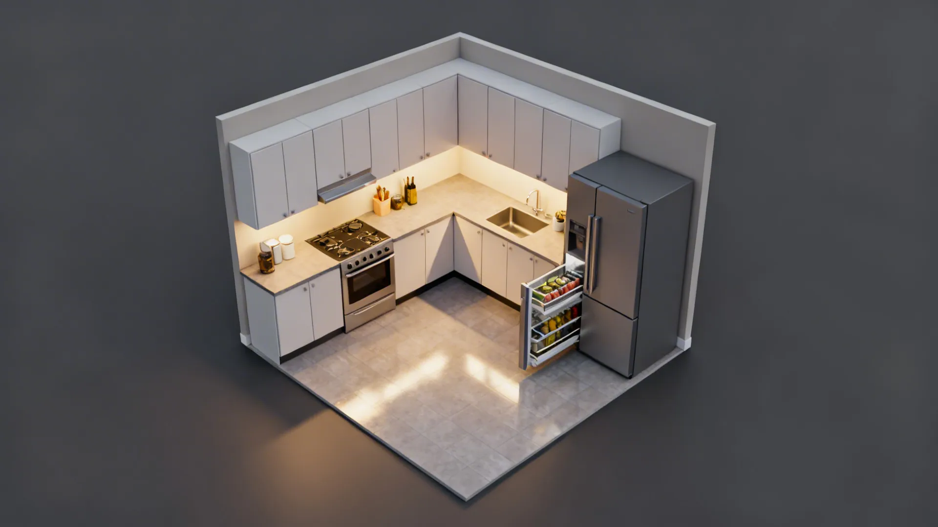Top-down plan view highlighting full-height uppers and a slim pull-out pantry in a small kitchen.