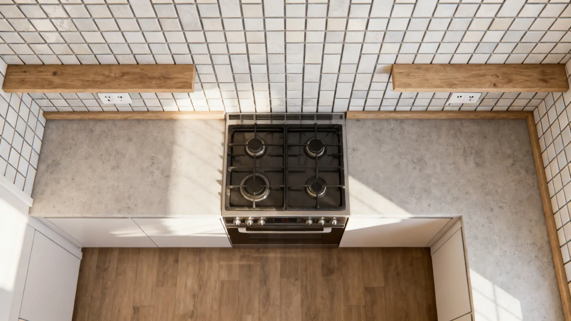 Top-down layout showing vertical tile grid alignment and outlet placement in a small kitchen.