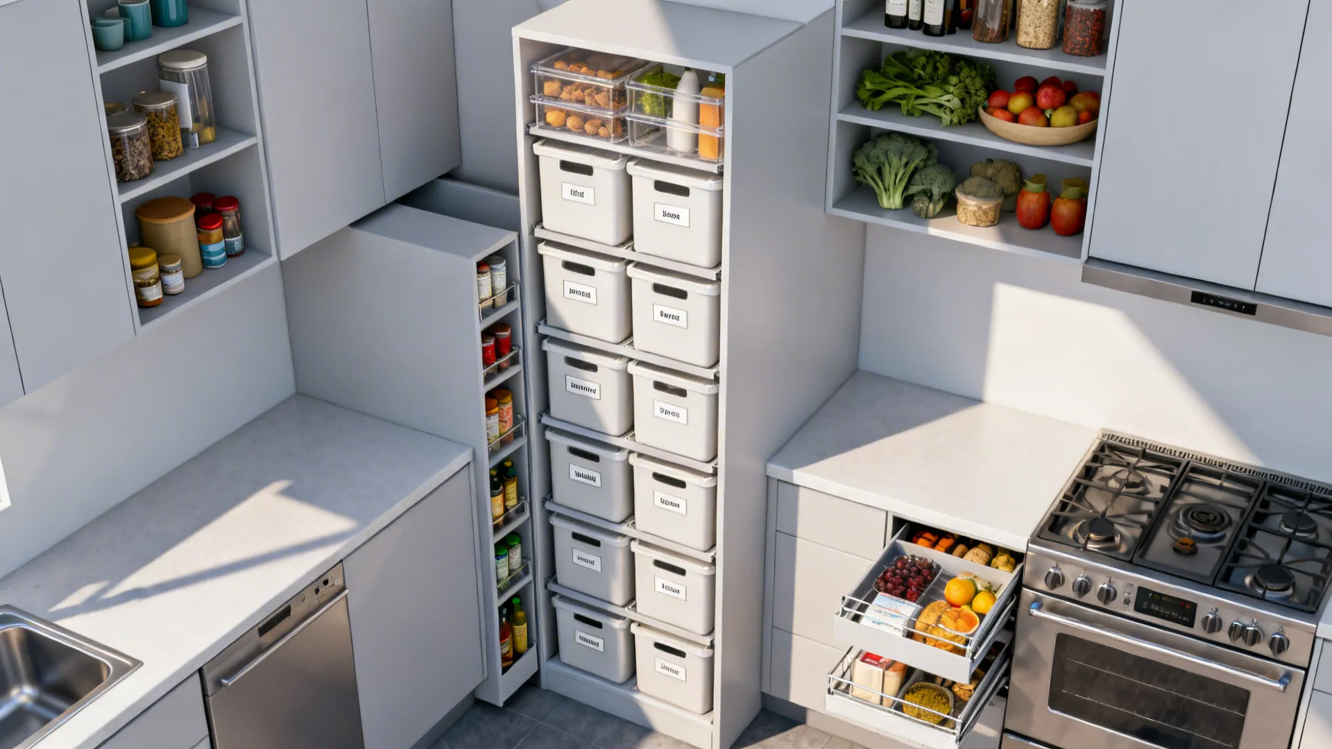 Top-down view mapping tall pantry, ceiling-high uppers, and a slim pullout by the range.