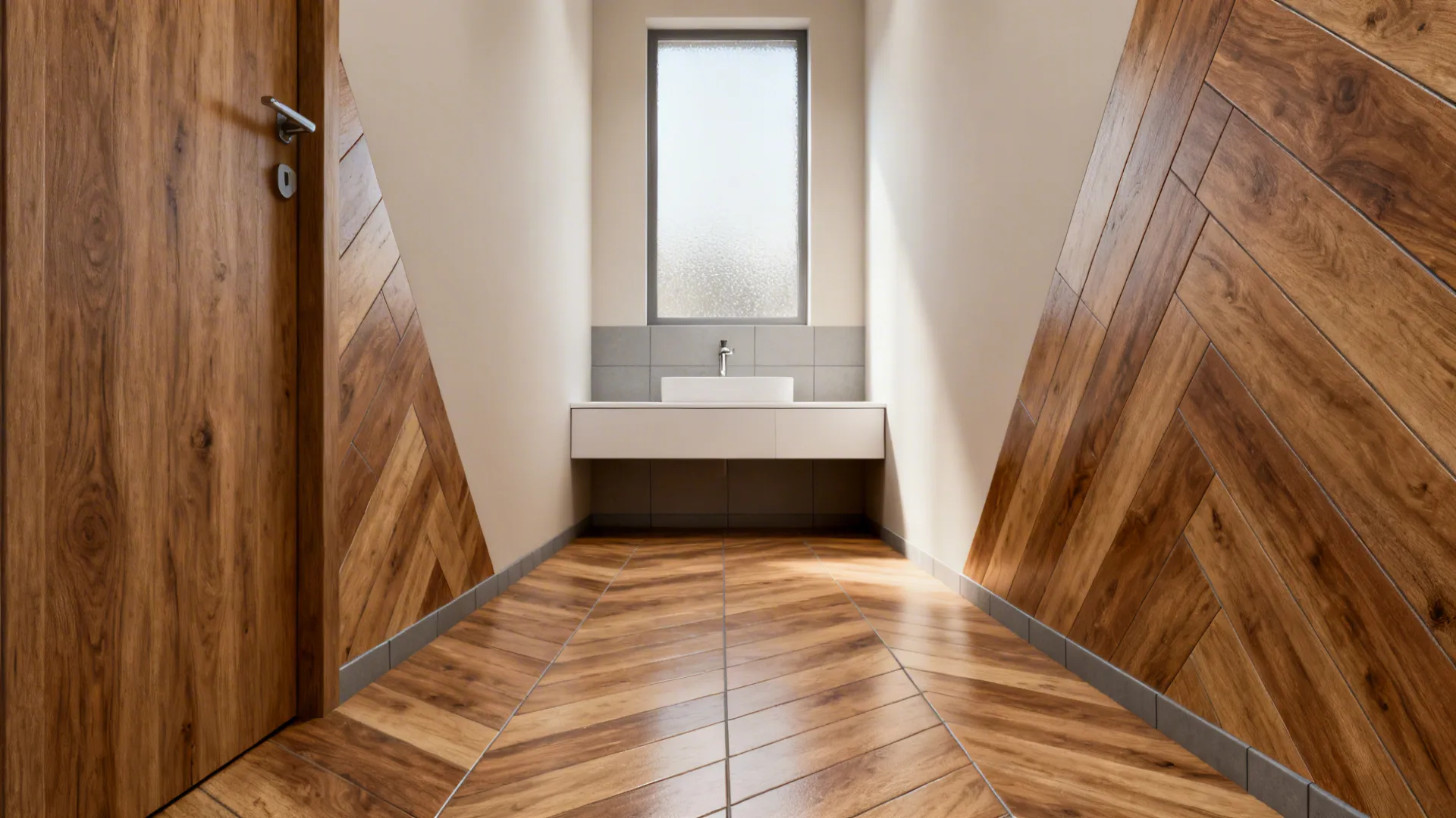Narrow bathroom with wood-look porcelain planks laid lengthwise to visually elongate the space