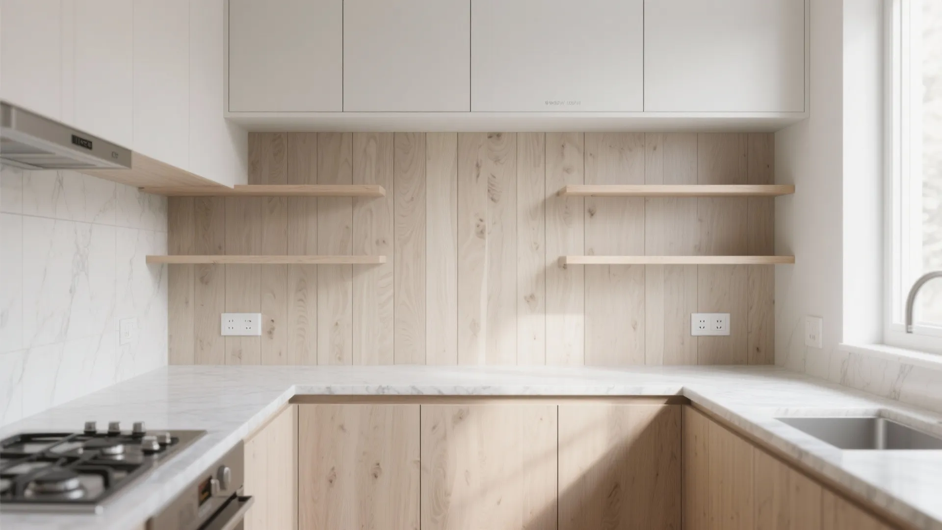 Vertical planks to lift low ceilings (and keep counters clear)