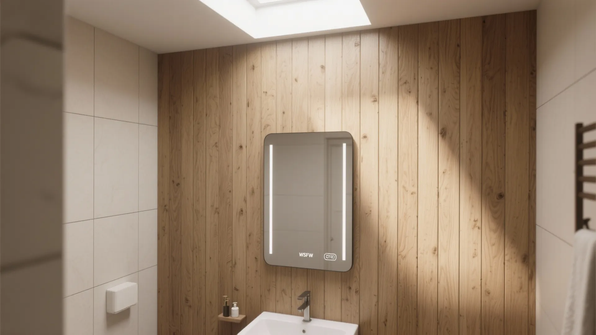 Modern bathroom with roof window light shining on wooden wall panel and light up wall mirror