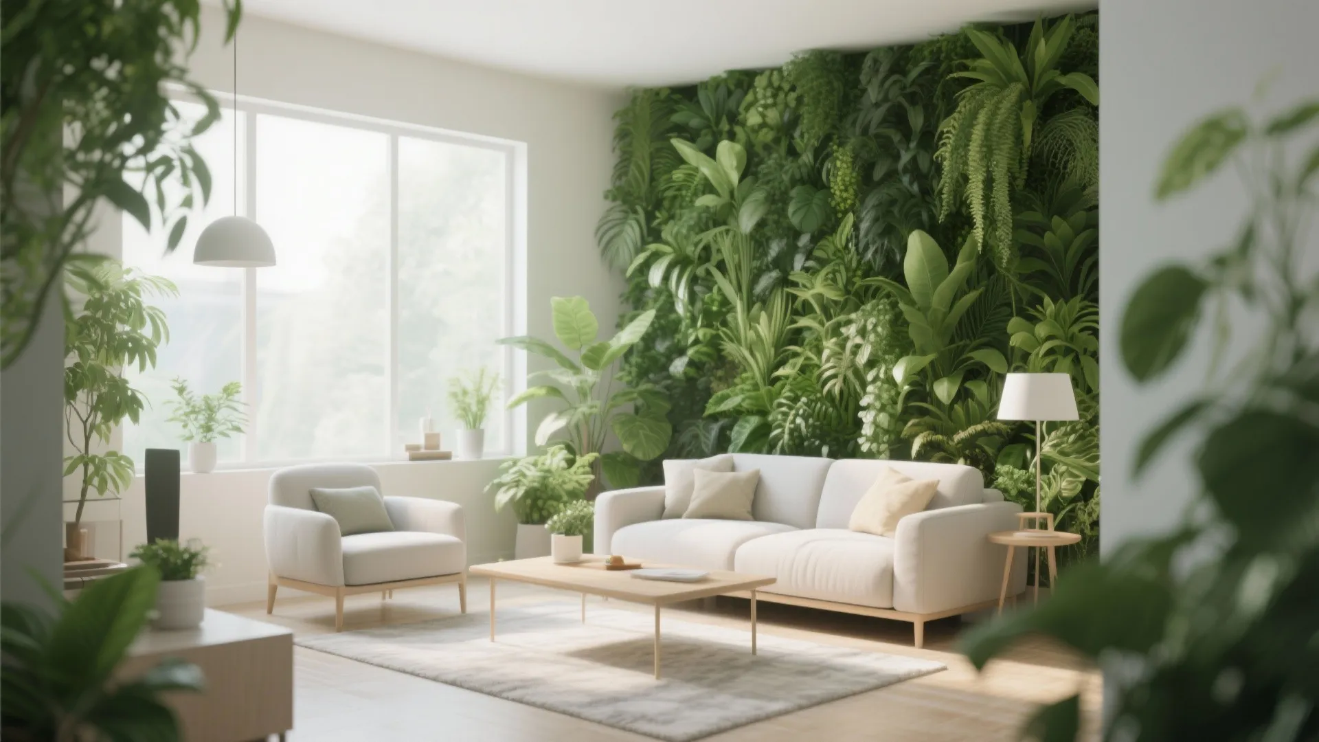 Bright living room with green plant wall, white sofa, wooden coffee table, and soft rug