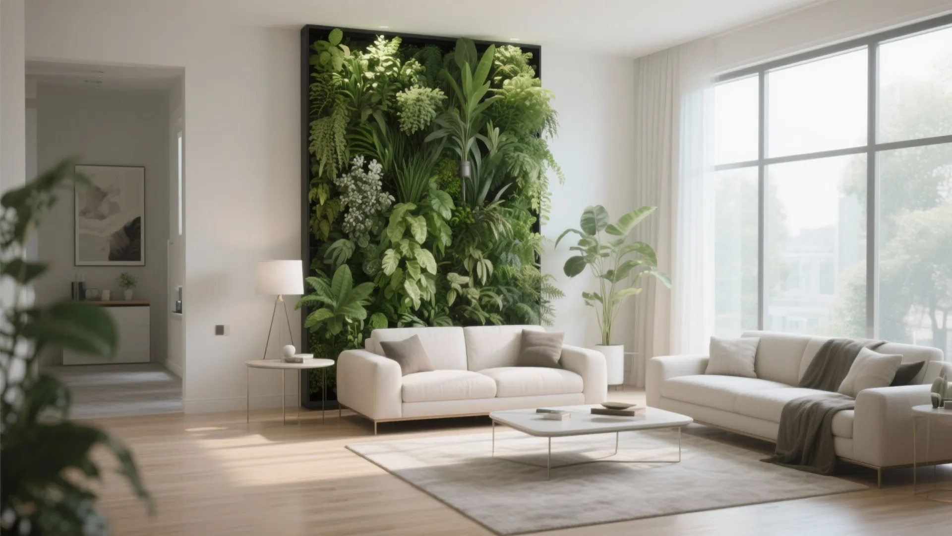 Large green plant wall behind a white sofa in a bright living room with windows